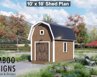 May include: A 10' x 16' shed plan featuring a brown wooden structure with a dark metal gambrel roof, white trim, double doors, and small windows. The text '10' x 16' Shed Plan' appears at the top, and 'BAMBOO DESIGNS Home Plans & Designs' is at the bottom.