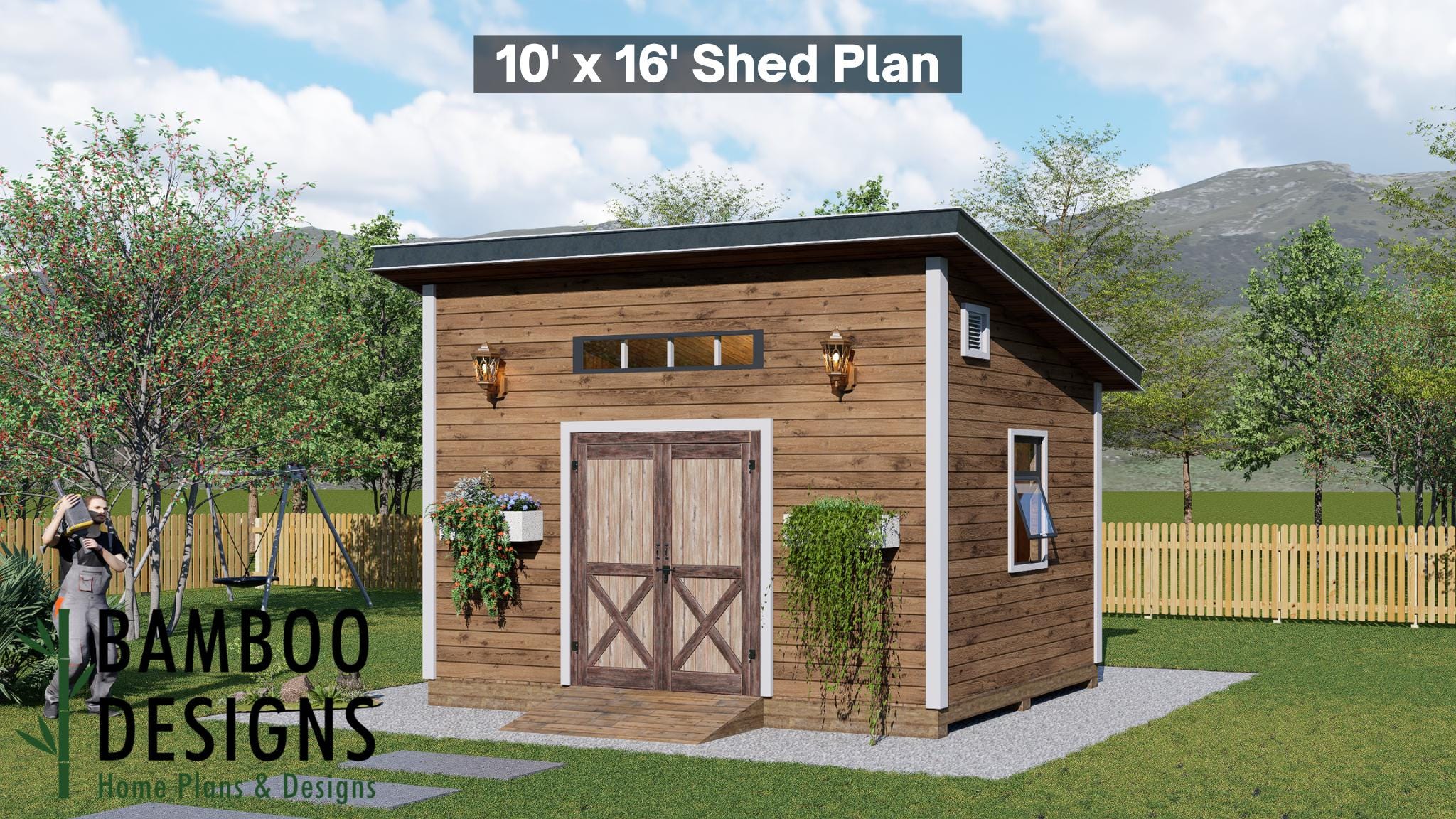 Image of Vega 10x16 Sloped Roof Shed Plan - Modern Lean-To Workshop, Studio, or Storage | DIY Backyard Building Plans (PDF)