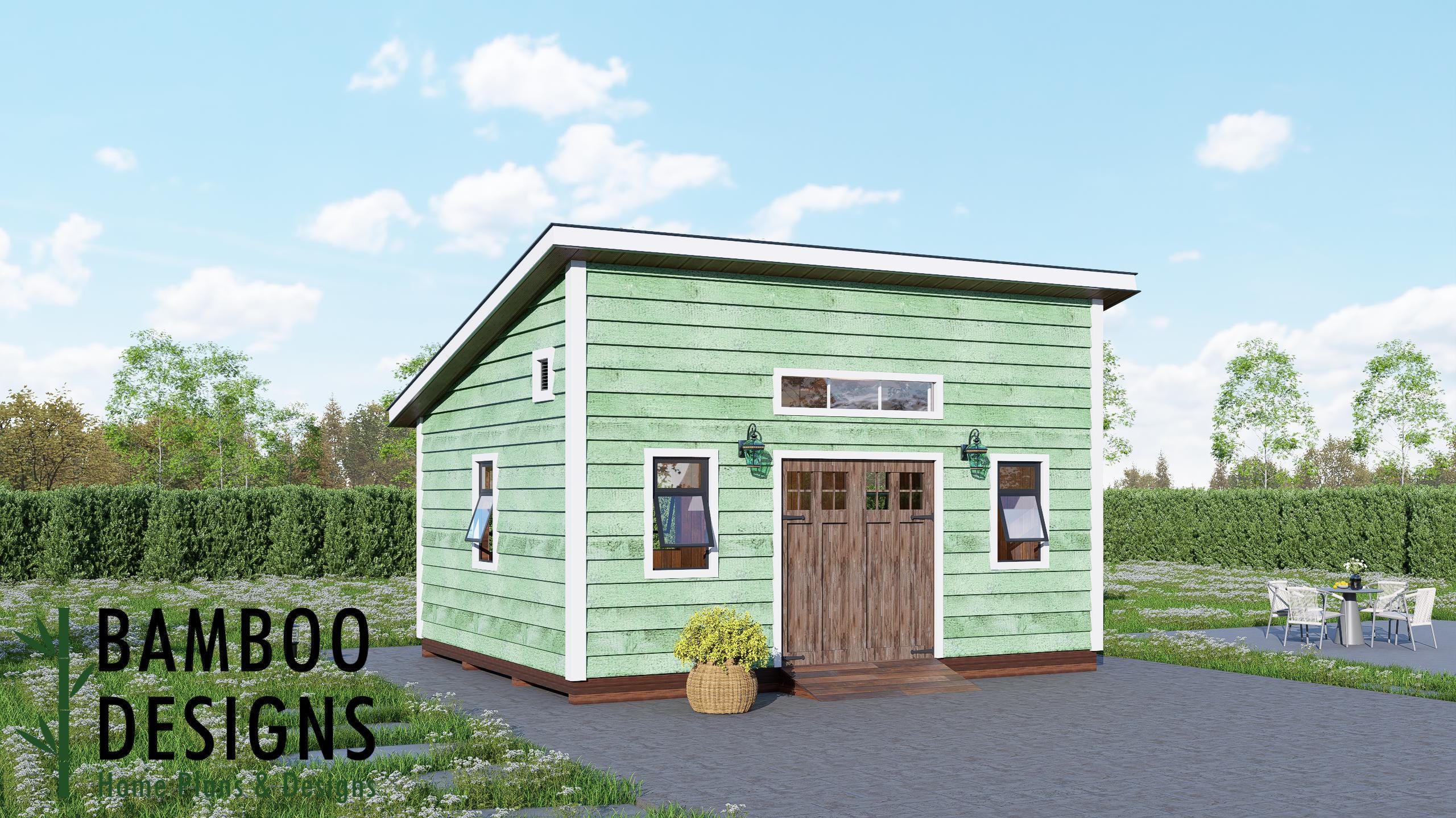 Image of Mint 16x20 Monoslope Roof Shed Plan - Modern Backyard Studio, Workshop, or Storage Building