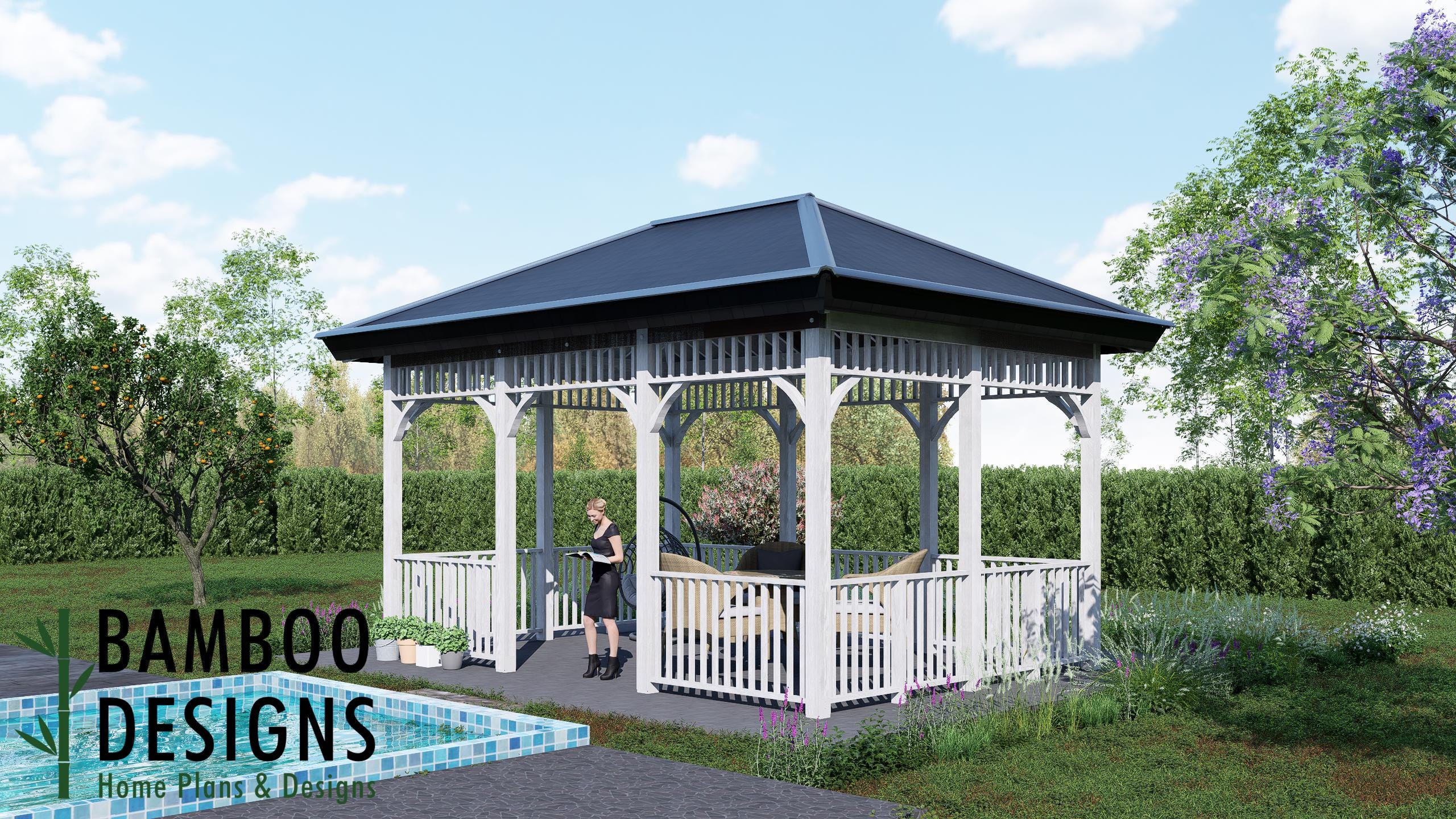 Image of Valencia 14x20 Hip Roof Gazebo Plan - Elegant Outdoor Pavilion with Railings | DIY Covered Patio PDF