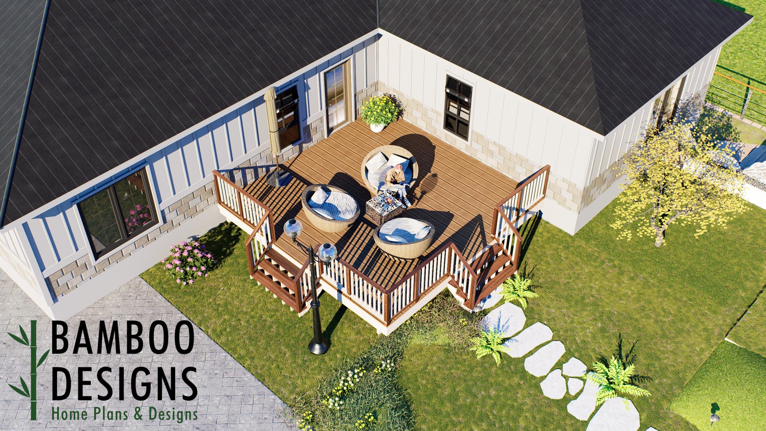Image of Pegaso 20x20 Freestanding Corner Deck Plan — Large Backyard Platform Deck | DIY PDF Plans