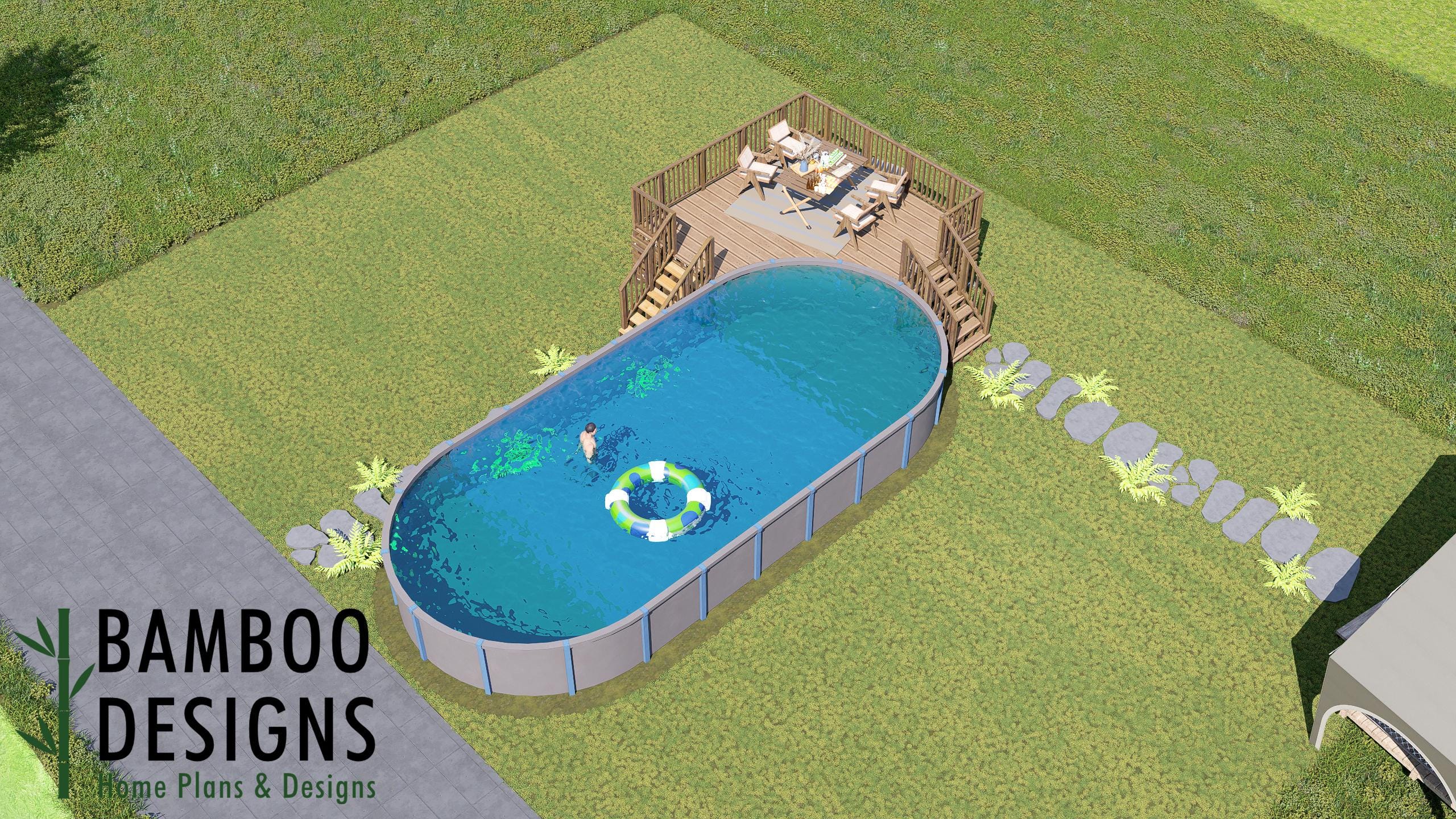 Image of Irvin Oval Pool Deck Plan - 17'x17' Above-Ground Pool Deck for 18'x40' Oval Pools with Staircase | DIY PDF Plans