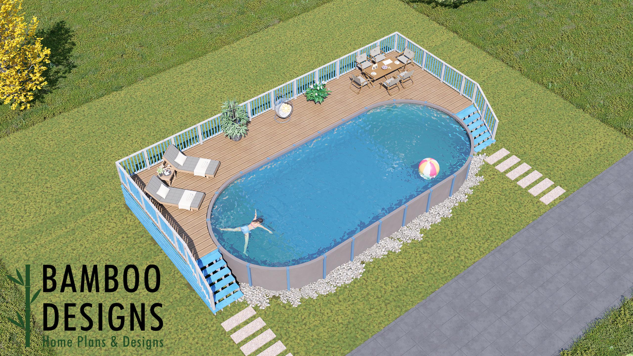 Image of Boise Oval Pool Deck Plan - 17'x48' Elevated Above-Ground Pool Deck for 18'x40' Oval Pools with Dual Staircases | DIY PDF Plans