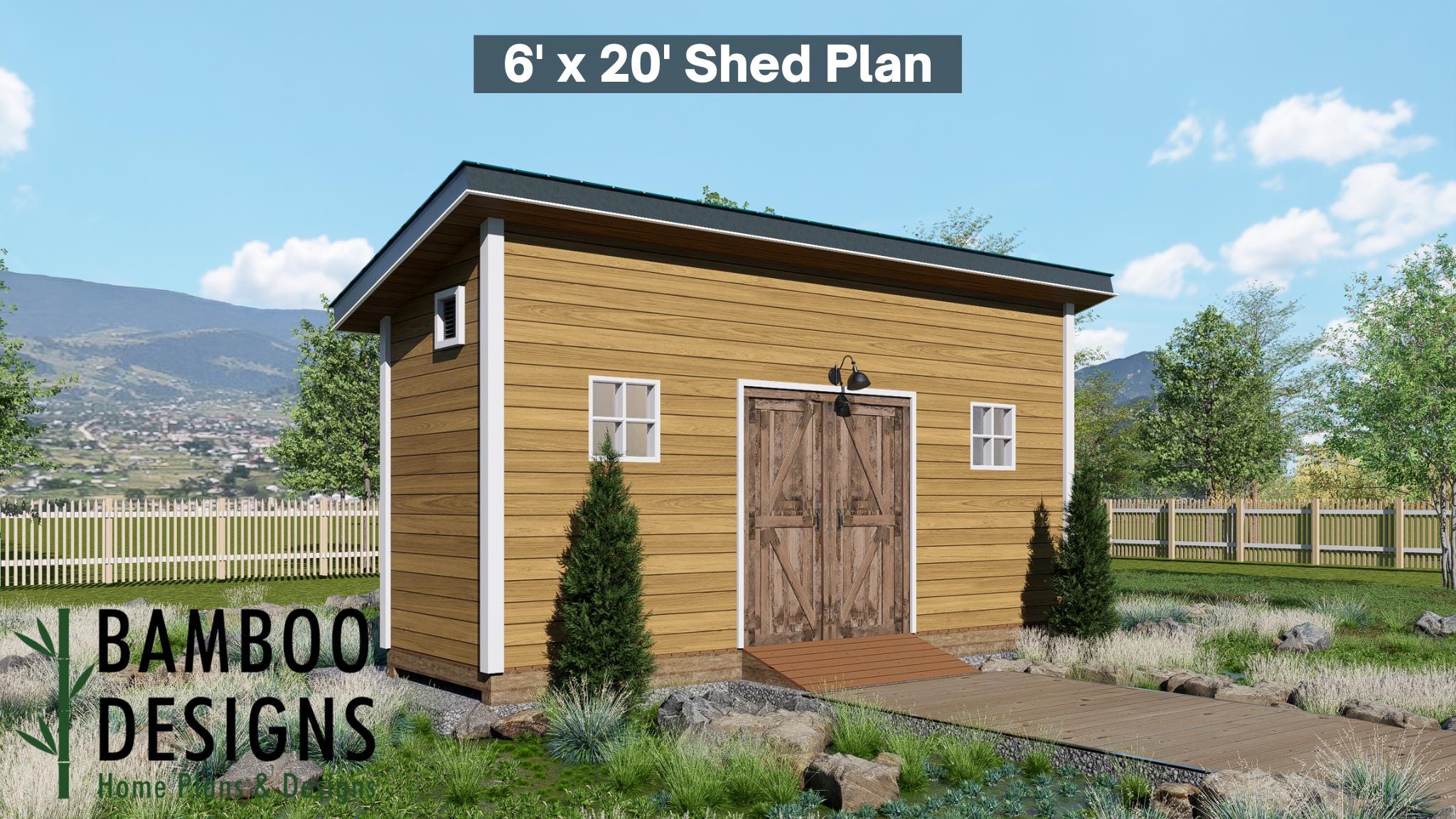 Image of Saber 6x20 Modern Shed Plan - Sloped Roof Workshop & Storage Building | Contemporary DIY Backyard Studio Design (PDF)