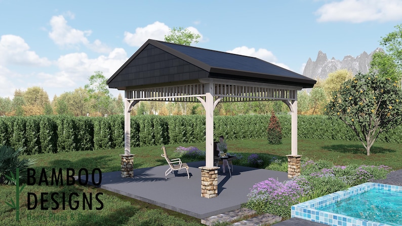 Riga 14x14 Gable Roof Gazebo plan by Bamboo Designs