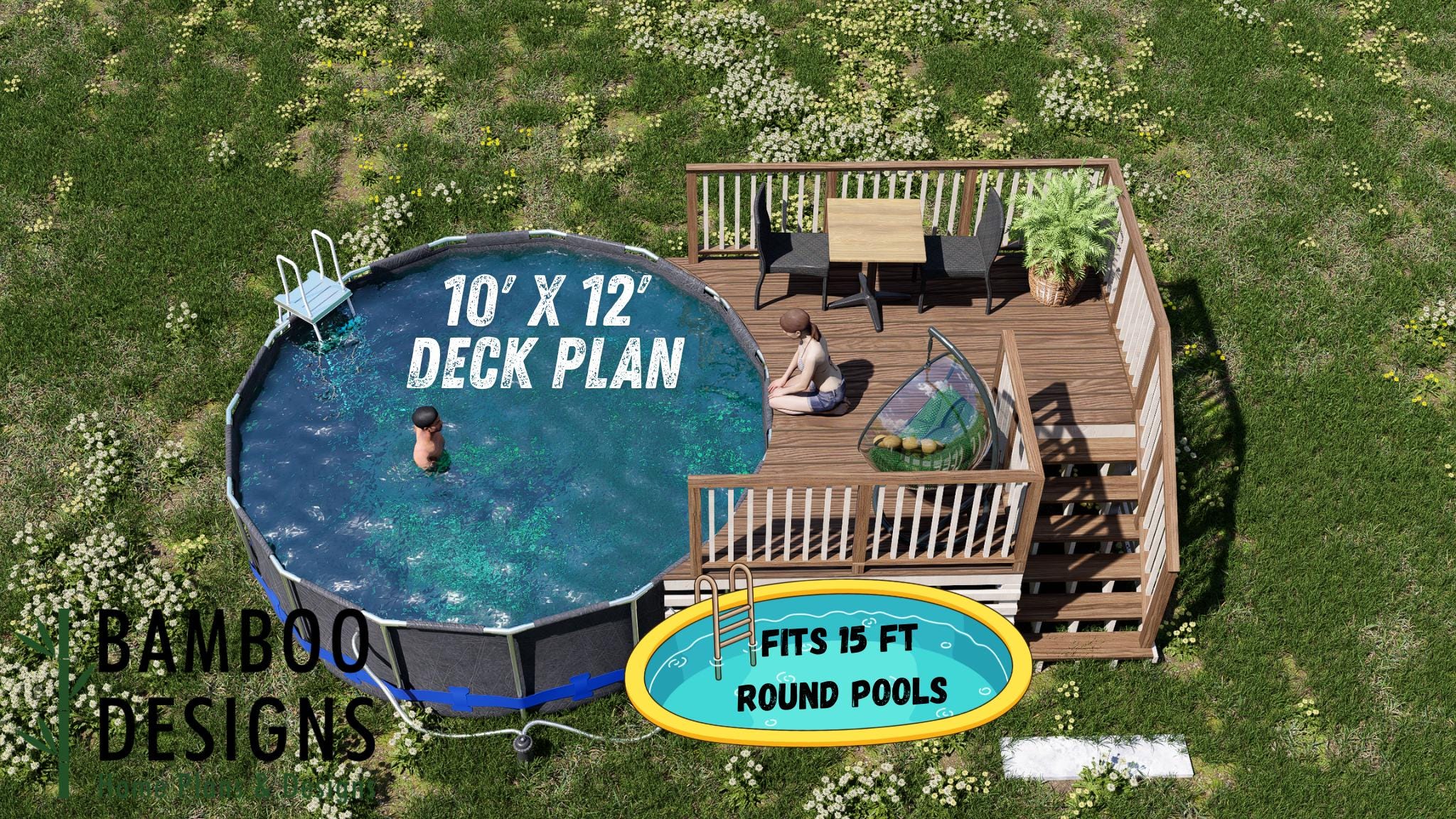 Image of Irene Circle Pool Deck Plan - 10x12 Pool Deck for 15' Round Pools | DIY PDF Plans