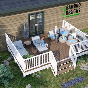 May include: An elevated wooden deck with white railings and stairs. The deck features outdoor furniture, including lounge chairs and a seating area with blue cushions. The deck is surrounded by lush greenery and a building with the text "Bamboo Designs".