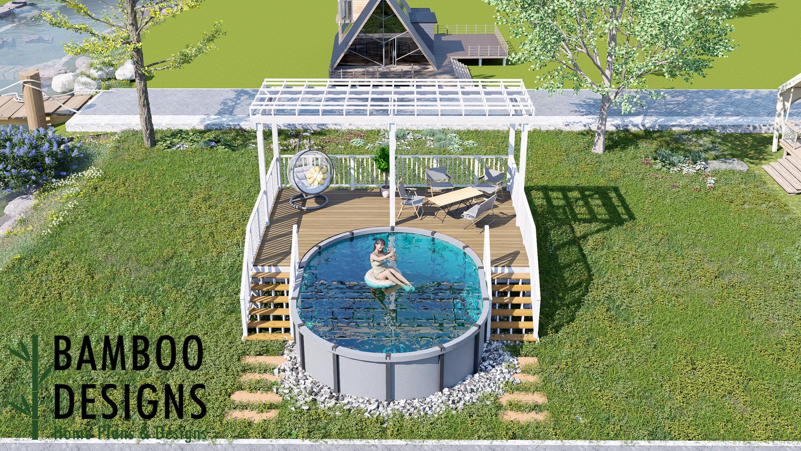 Image of Yamada Oval Pool Deck Plan - 16'x23' Above-Ground Pool Deck for 14'x20' Oval Pools with Staircase & Railings | DIY PDF Plans