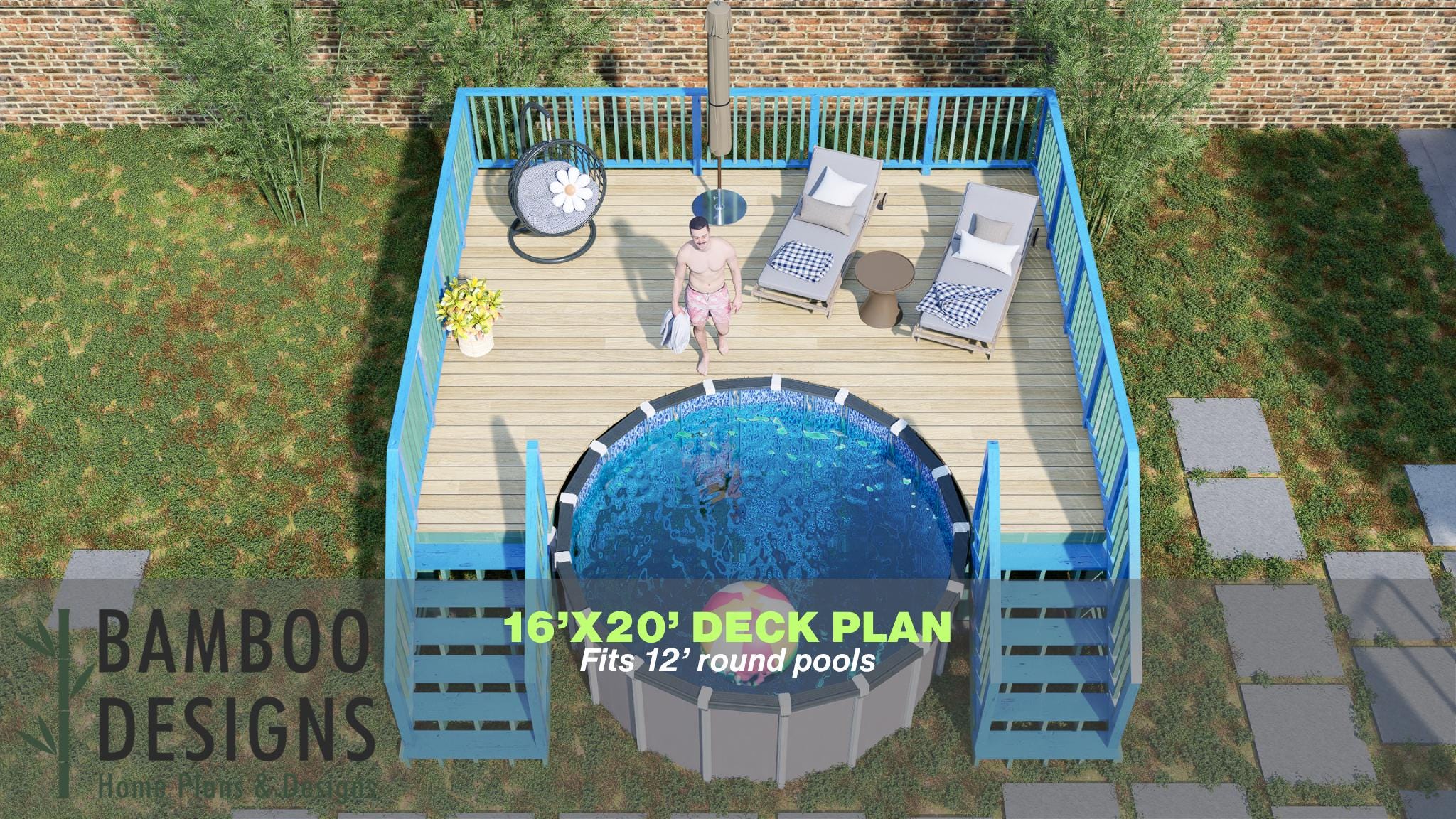Image of Lola Pool Deck Plan - 16x20 Large Round Pool Deck with Staircase | DIY PDF Plans