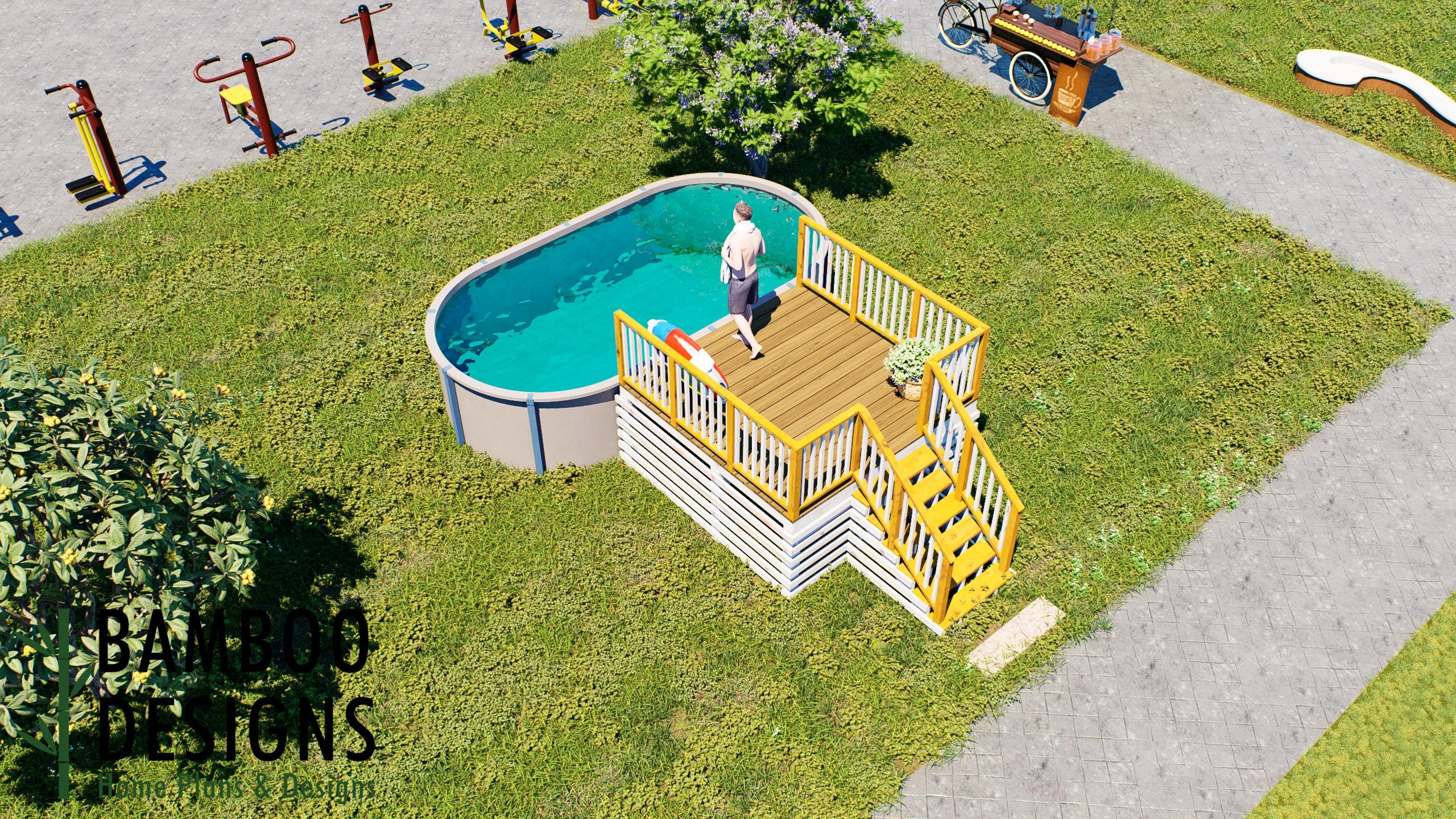 Image of Barrachina Oval Pool Deck Plan - 10' x 10' Above-Ground Pool Entry Deck with Staircase for 10' x 19' Oval Pools | DIY PDF Plans