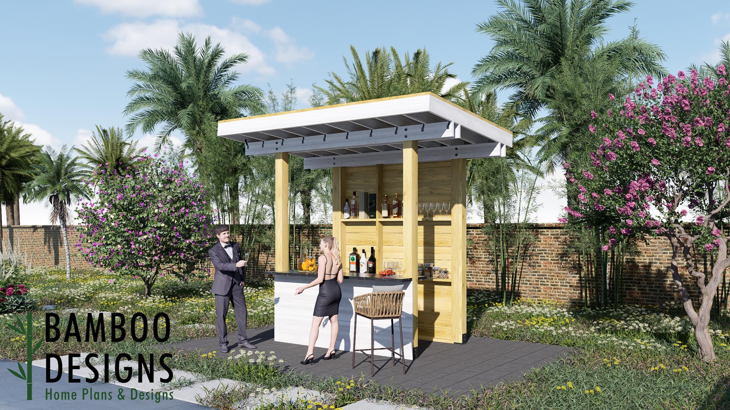Image of Riviera Backyard Bar Pergola Plan - 8x5 Outdoor Kitchen Shelter | DIY Patio Bar PDF + DWG | Outdoor Bar
