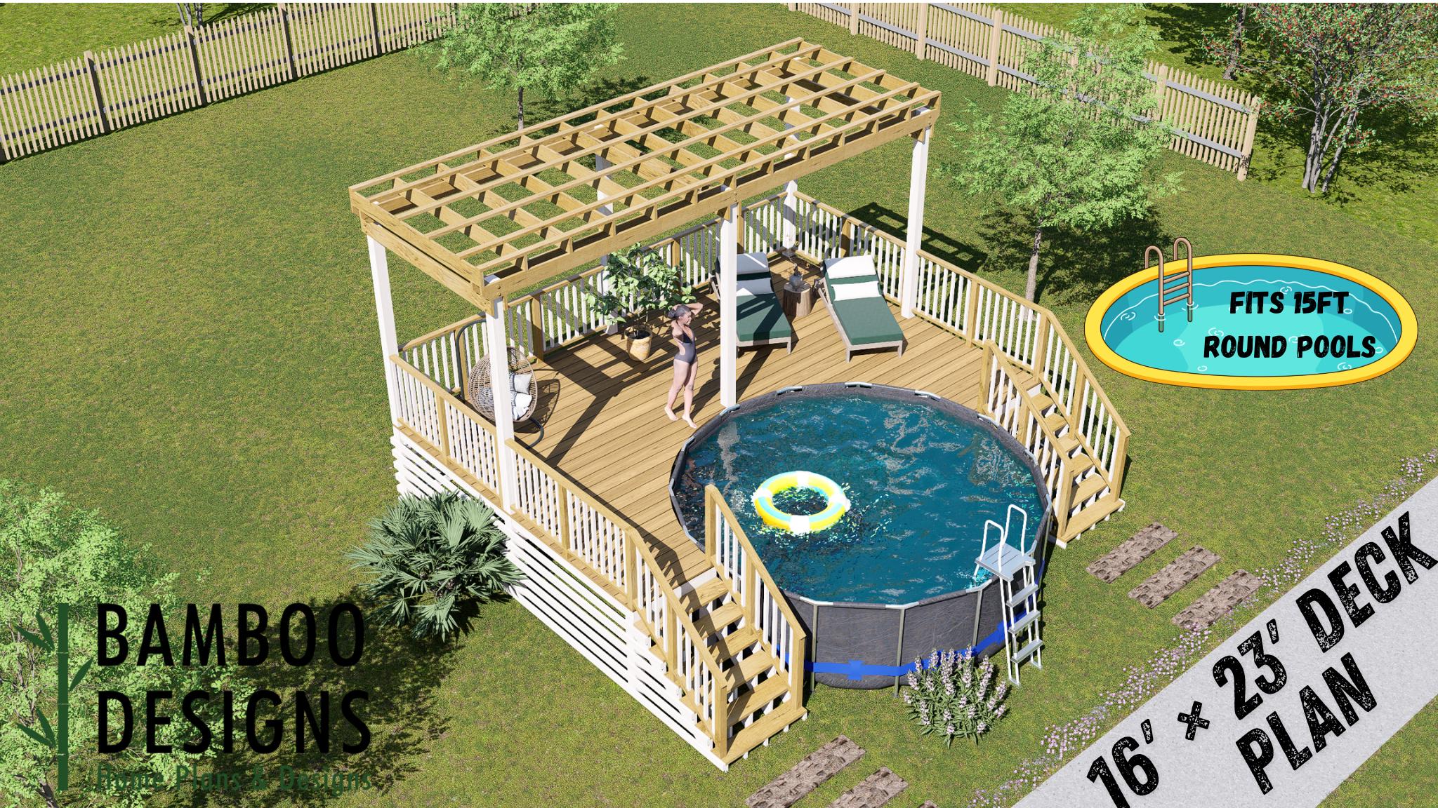 Image of Amani Circle Pool Deck Plan – 16x23 Pool Deck for 15' Round Pools | DIY PDF Plans
