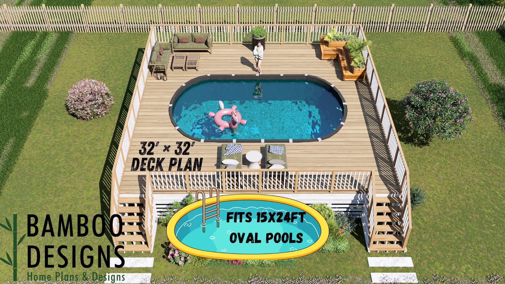Image of Arwen Grand Oval Pool Deck Plan - 32x32 Luxury Deck for 15x24 Above-Ground Pools