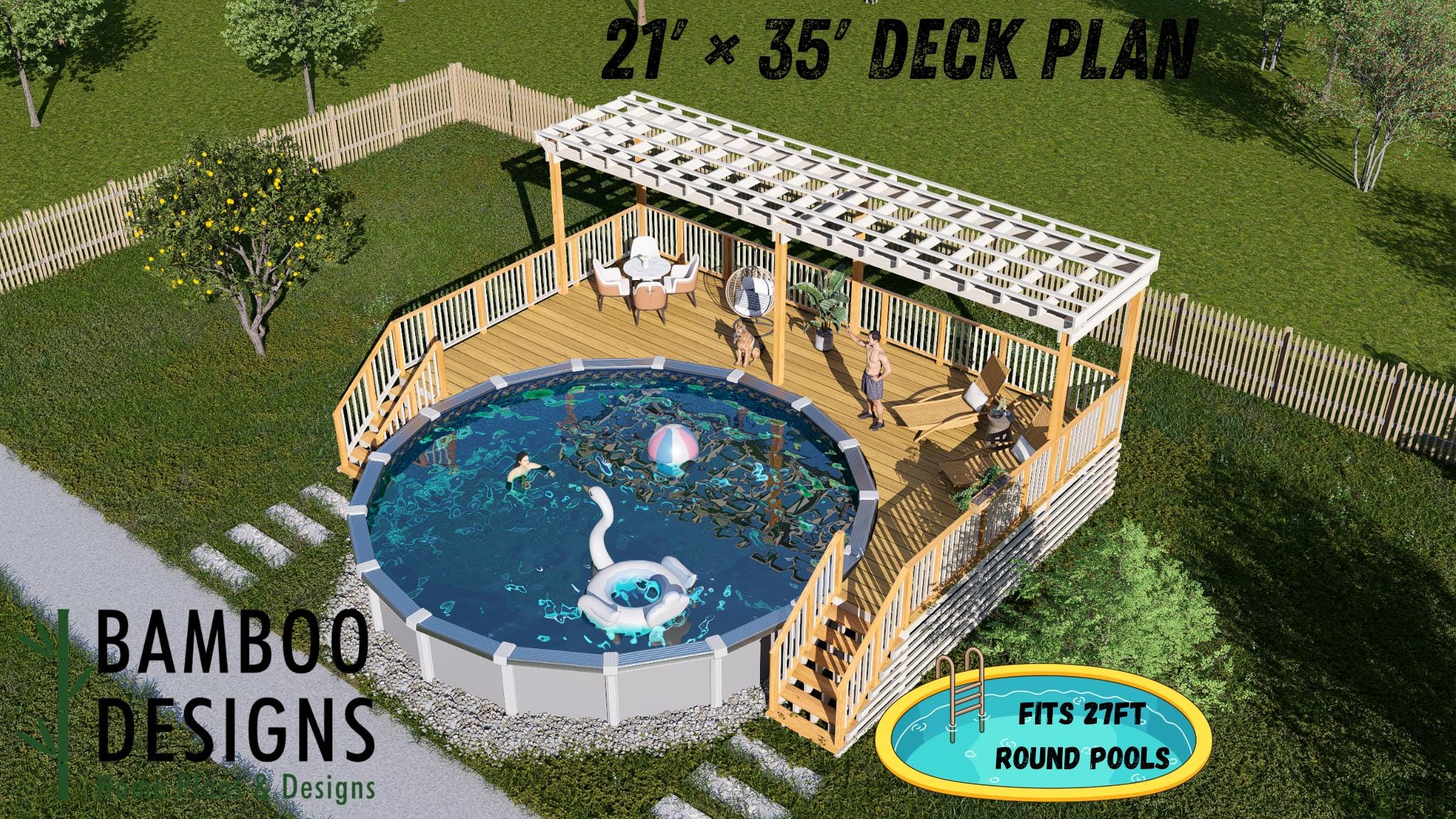 Image of Tiki Hideaway Circle Pool Deck Plan - 21x35 Wrap-Around Deck with Stair Entry | DIY PDF Plans