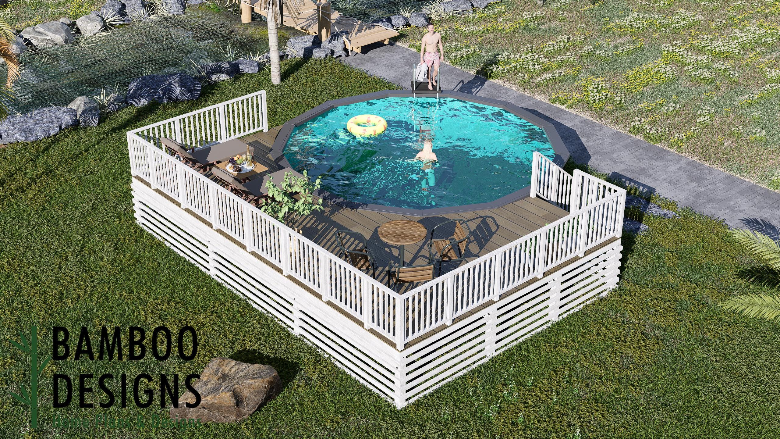 Pool 20x30 Topanga 20x30 Circle Pool Deck Plan – Elevated Wrap-around Deck for 24 ...