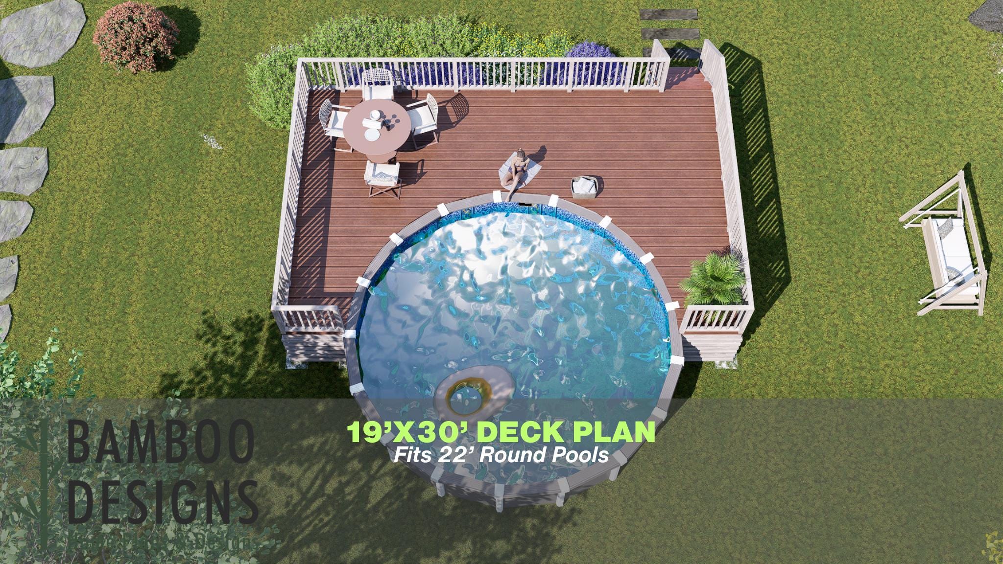 Image of Palmira Pool Deck Plan - 19'x30' Large Above-Ground Pool Deck for 22' Round Pools with Stair Access | DIY PDF Plans