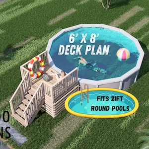 May include: A deck plan for a pool measuring 1.83m x 2.44m, featuring a wooden deck and stairs, a life preserver, and a beach ball in the pool. The text reads "FITS 6.4m ROUND POOLS" and "BAMBOO DESIGNS Home Plans & Design".