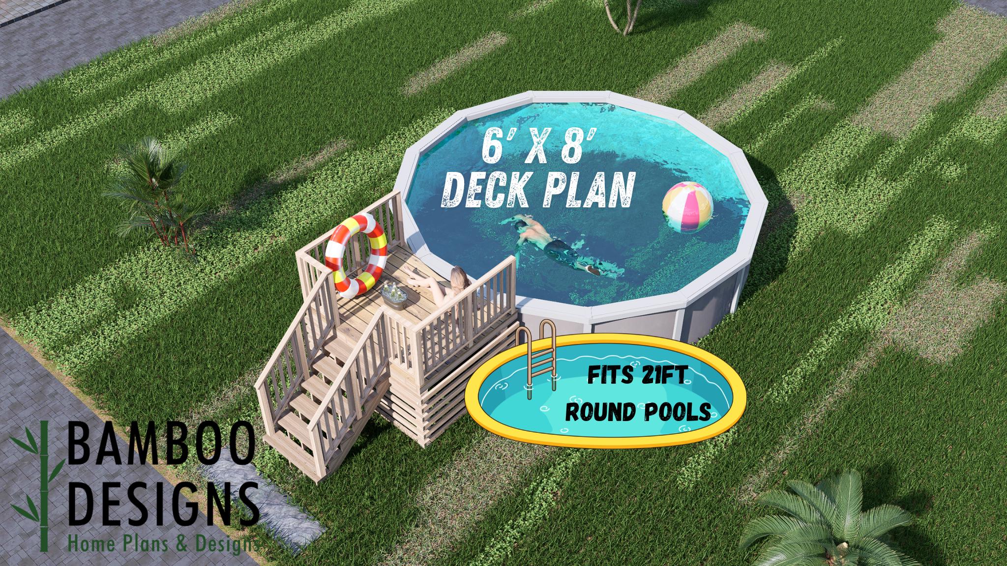 Image of Pecan Acres Pool Deck Plan - 6x8 Elevated Entry Deck with 6-Step Staircase | DIY PDF Plans