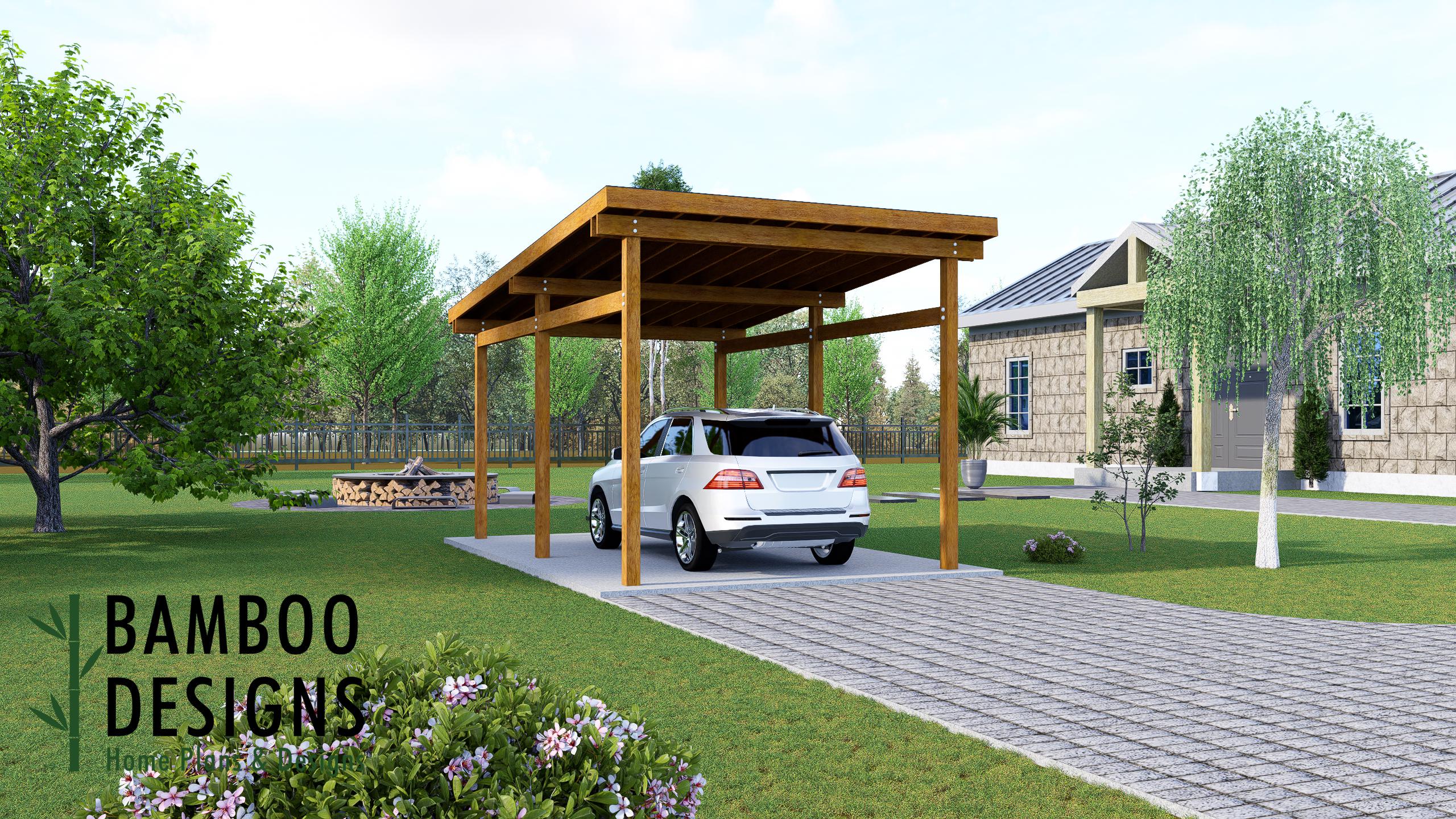 Image of Solana Sloped Roof 12x20 Carport Plan - Modern Car Shelter PDF - DIY Driveway Cover for Rural or Suburban Homes