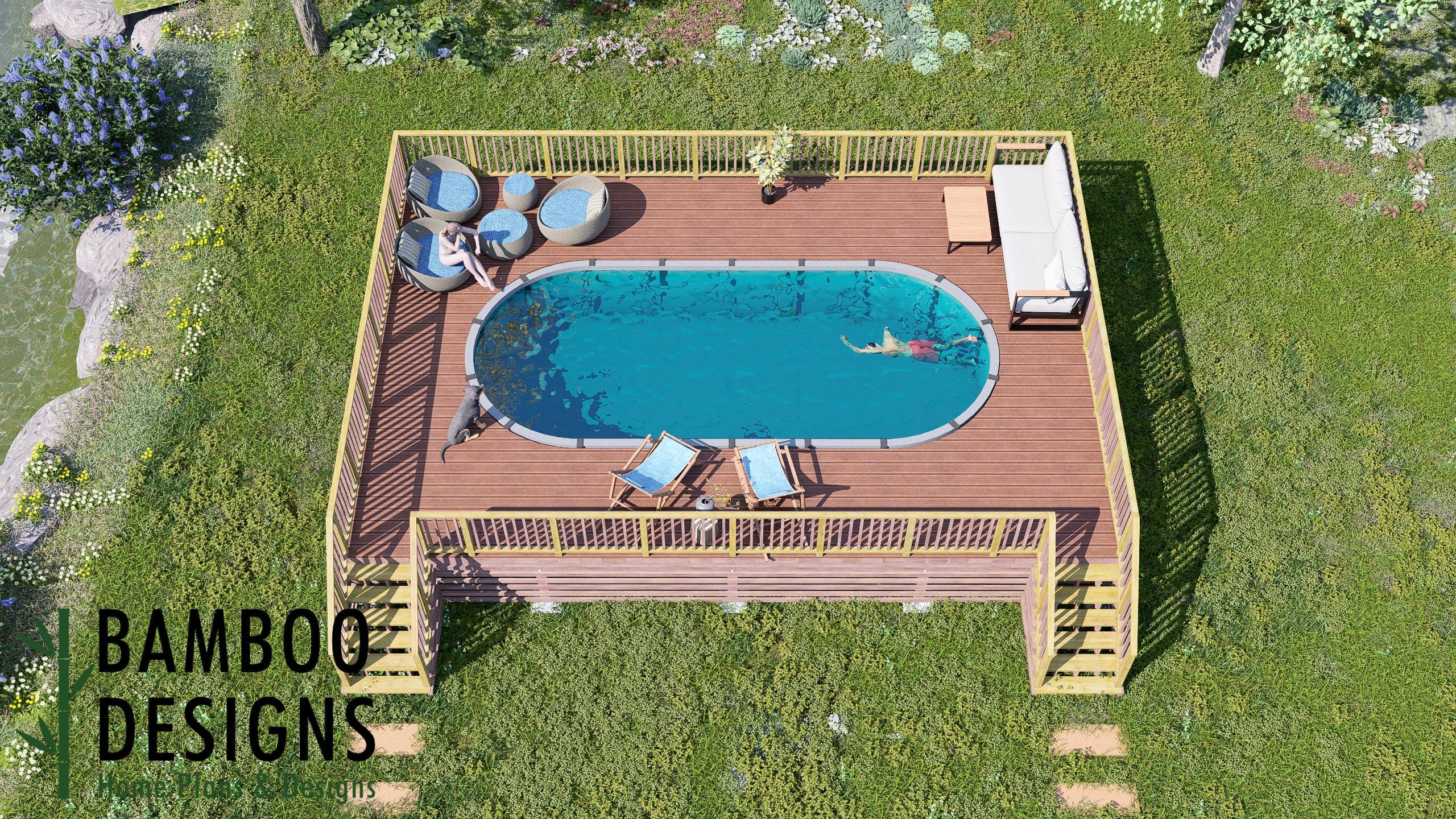 Image of Jigen Oval Pool Deck Plan - 24' x 36' Luxury Above-Ground Pool Deck for 12' x 27' Oval Pools | DIY PDF Building Plans