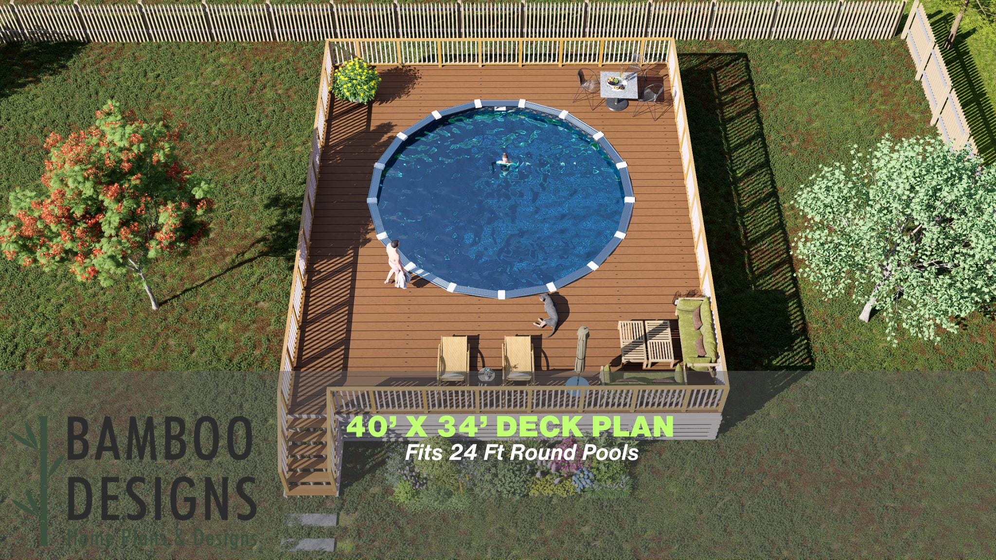 Image of Bella 40x34 Circle Pool Deck Plan - DIY Above-Ground Pool Deck | Wrap-Around Lounge & Entertainment Space | PDF Building Plans