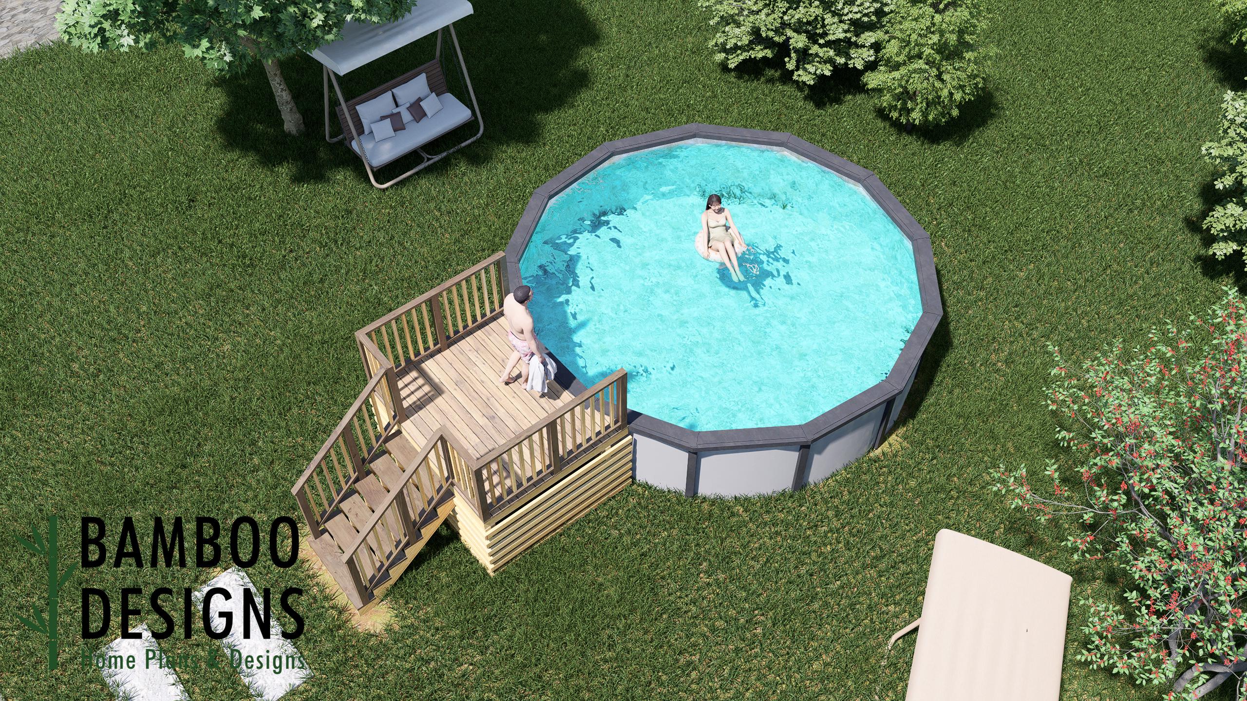 Image of Memphis 16ft Pool Deck Plan - 6x8 Family-Friendly Above-Ground Pool Deck with Lounge Space | DIY PDF Plans