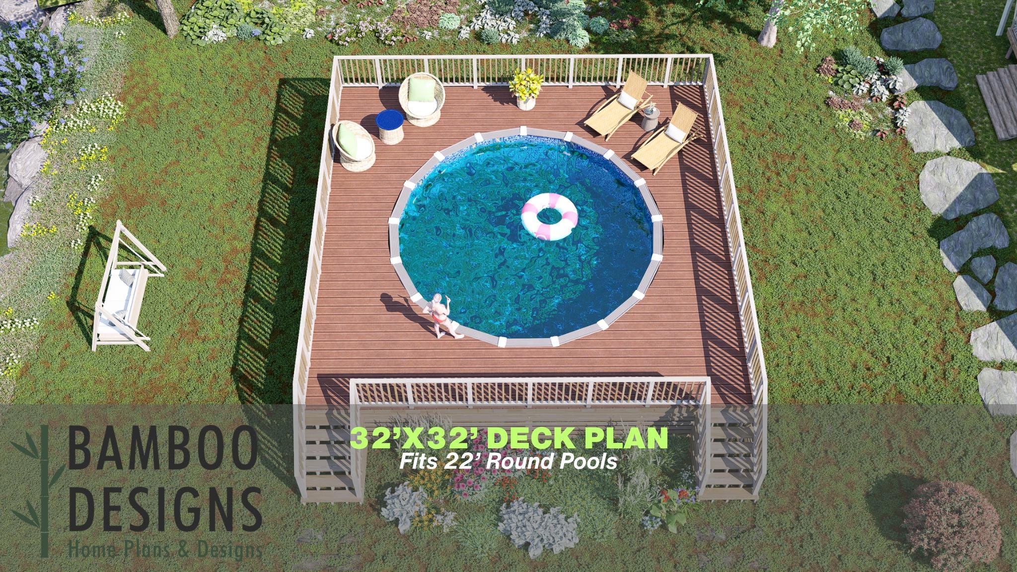 Image of Azores Pool Deck Plan - 32'x32' Extra-Large Above-Ground Pool Deck for 22' Round Pools with Stair Access | DIY PDF Plans