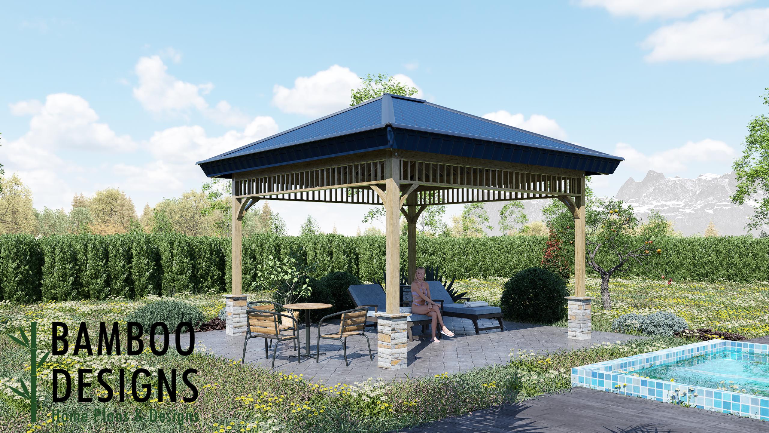 Image of Milan 16x16 Gazebo Plan - Modern Hip Roof Pavilion | DIY Outdoor Patio Cover | Backyard Lounge or Poolside Shade Structure PDF