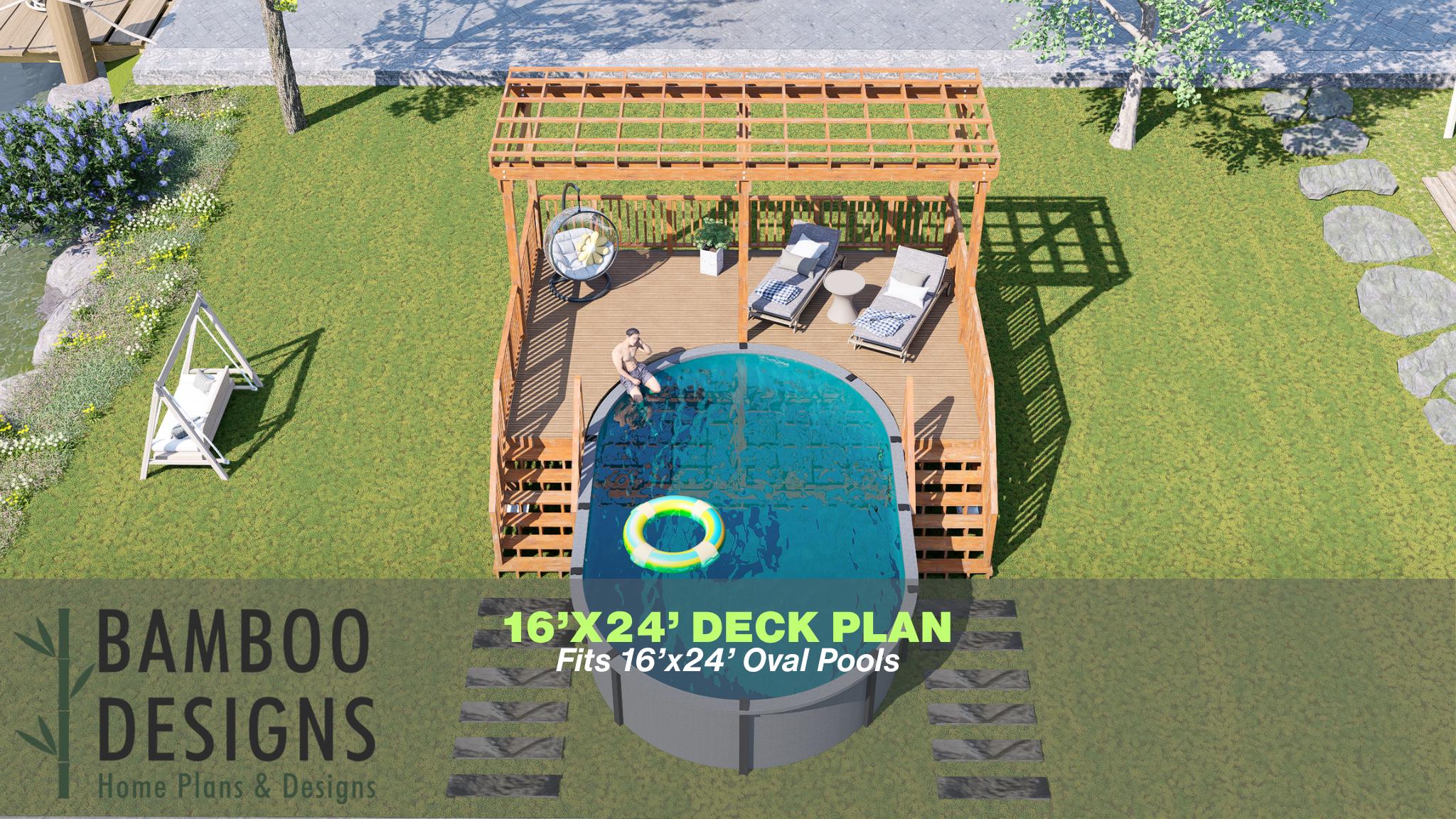 Image of Nacho Oval Pool Deck Plan - 16x24 Full-Length Above-Ground Pool Deck for 16x24 Oval Pools | DIY PDF Plans