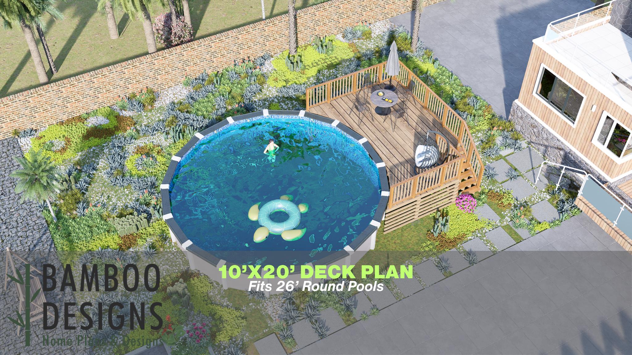 Image of Granger Pool Deck Plan - 10x20 Above-Ground Pool Deck for 26' Round Pools | DIY PDF Plans with Staircase & Railing Design