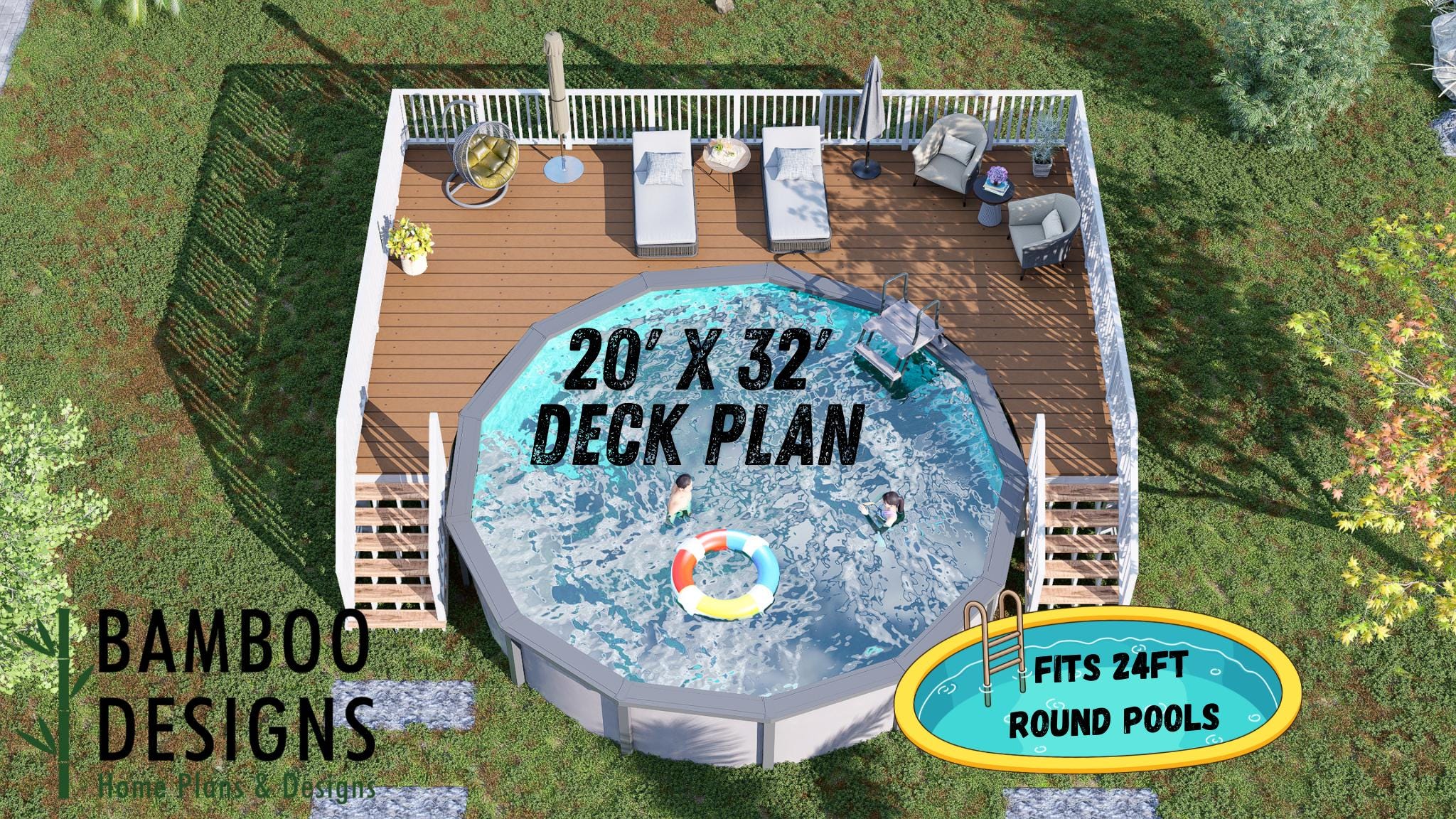 Image of Gulfport 20x32 Circle Pool Deck Plan - DIY Above-Ground Pool Deck | Outdoor Lounge & Entertainment Space | PDF Building Plans