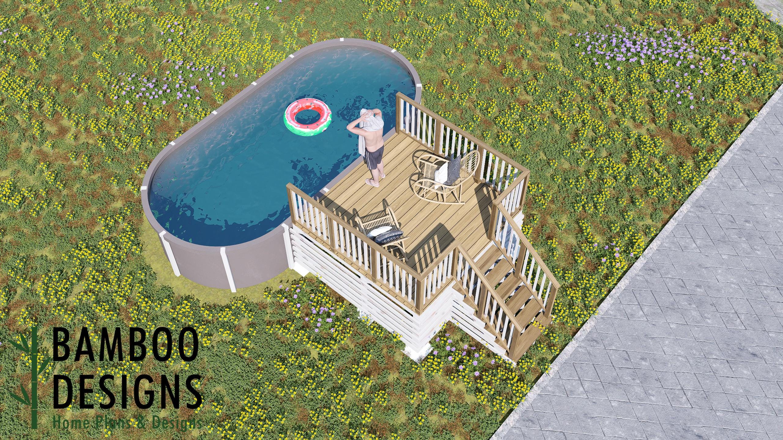 Image of Spears Oval Pool Deck Plan - 10x10 Above-Ground Pool Entry Deck with 5-Step Staircase | DIY PDF Plans