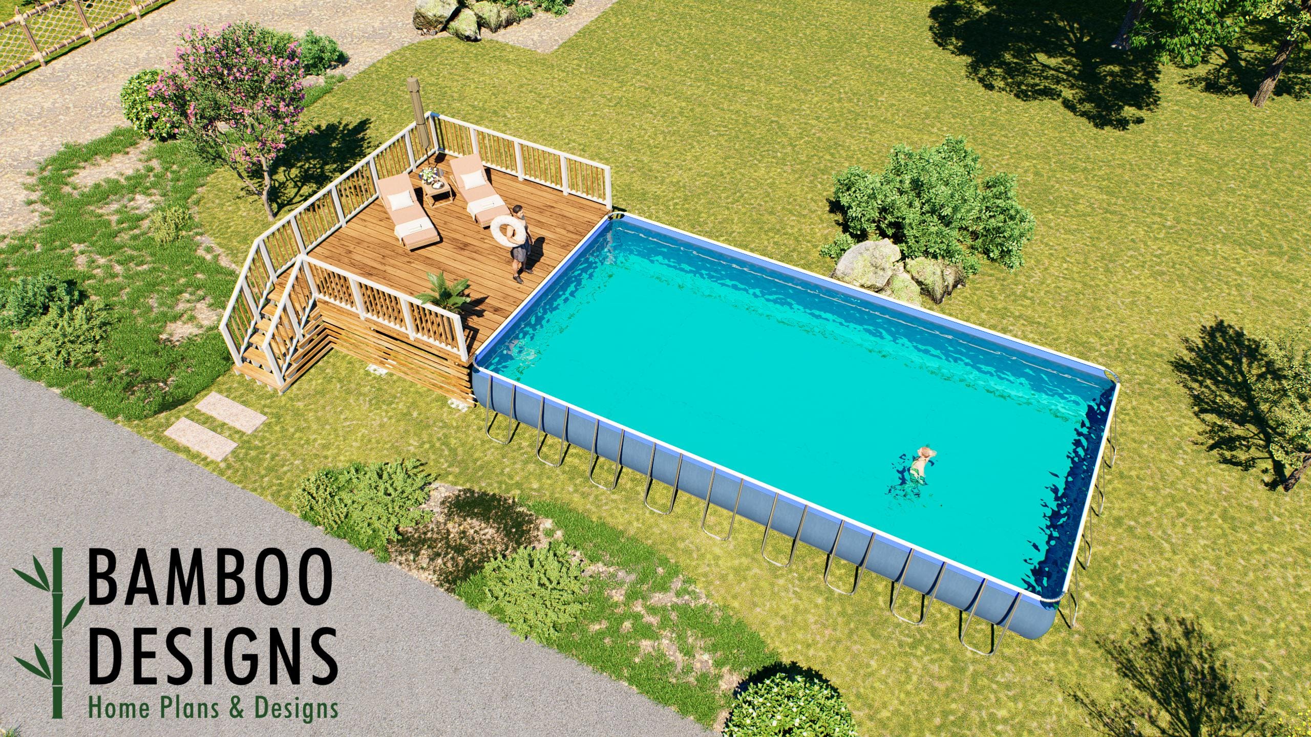 Image of Sadler 16x18 Pool Deck Plan — Large Rectangular Deck for 36' x 18' x 52" Above Ground Pool | DIY PDF Plans