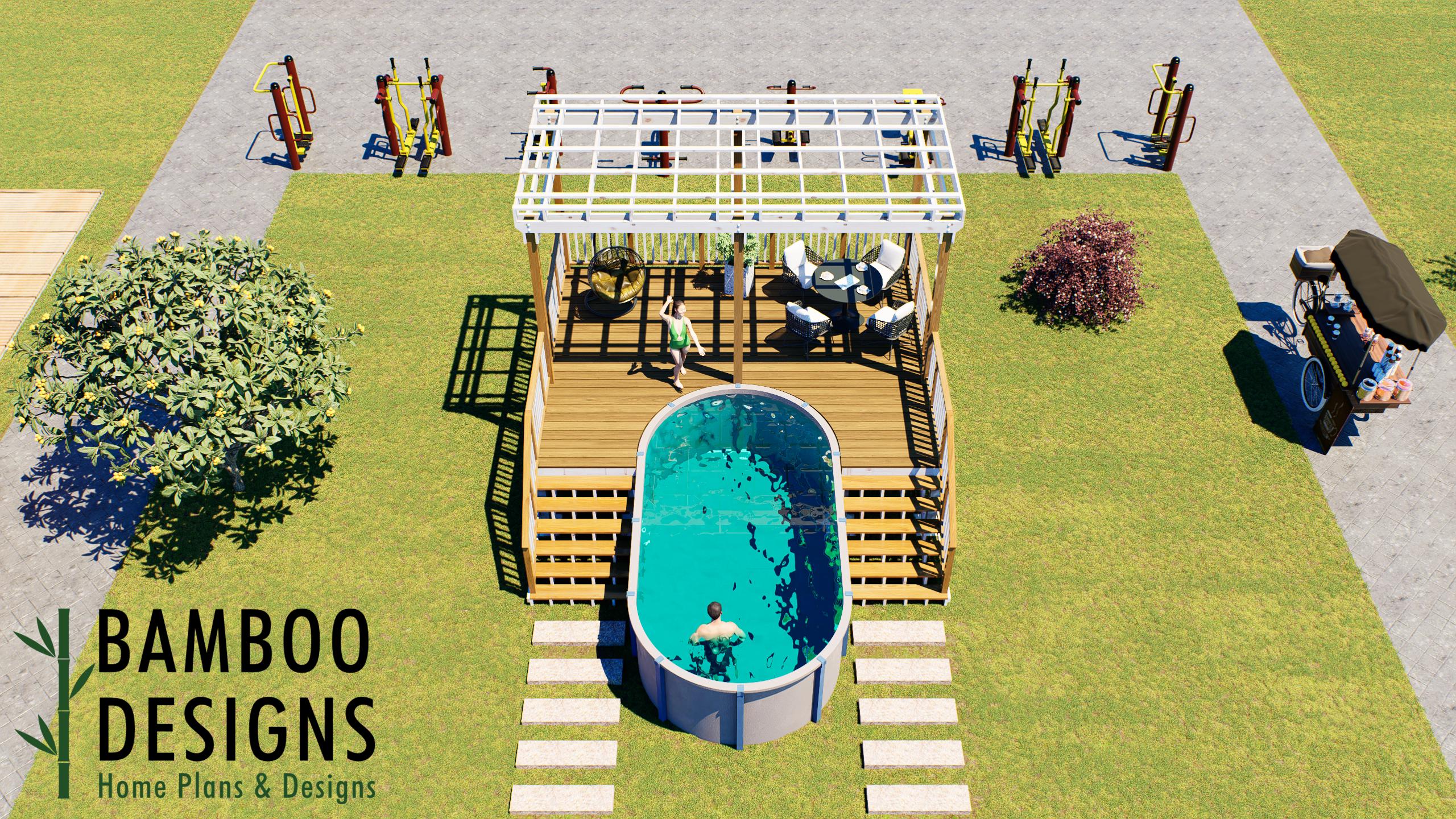 Image of Topacio Oval Pool Deck Plan – 16x20 Spacious Above-Ground Pool Entry Deck with 5-Step Staircase | DIY PDF Plans