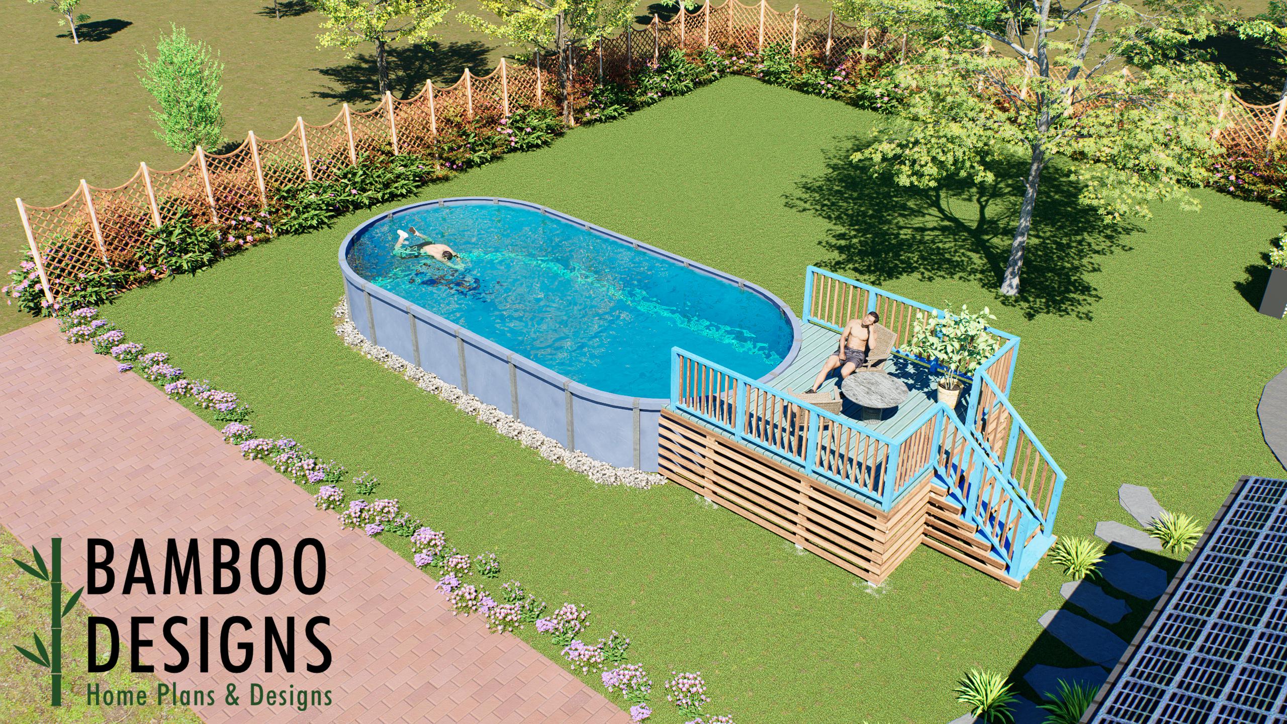 Image of Robson Oval Pool Deck Plan - 10' x 12' Above-Ground Pool Deck for 16' x 32' Oval Pools with Staircase | DIY PDF Plans