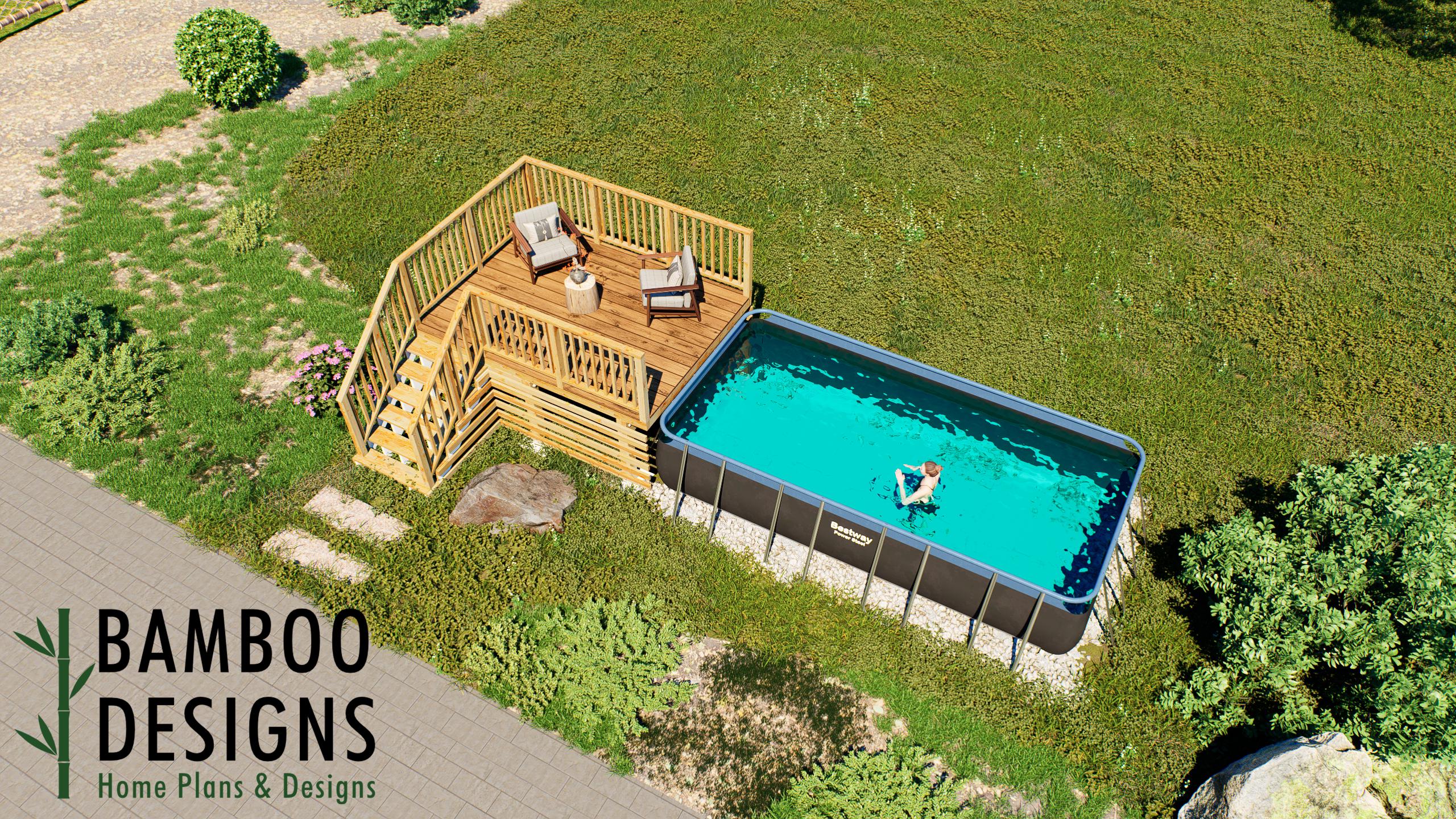 Image of Adrien 9x12 Pool Deck Plan — Rectangular Deck for 18' x 9' x 48" Above Ground Pool | DIY PDF Plans