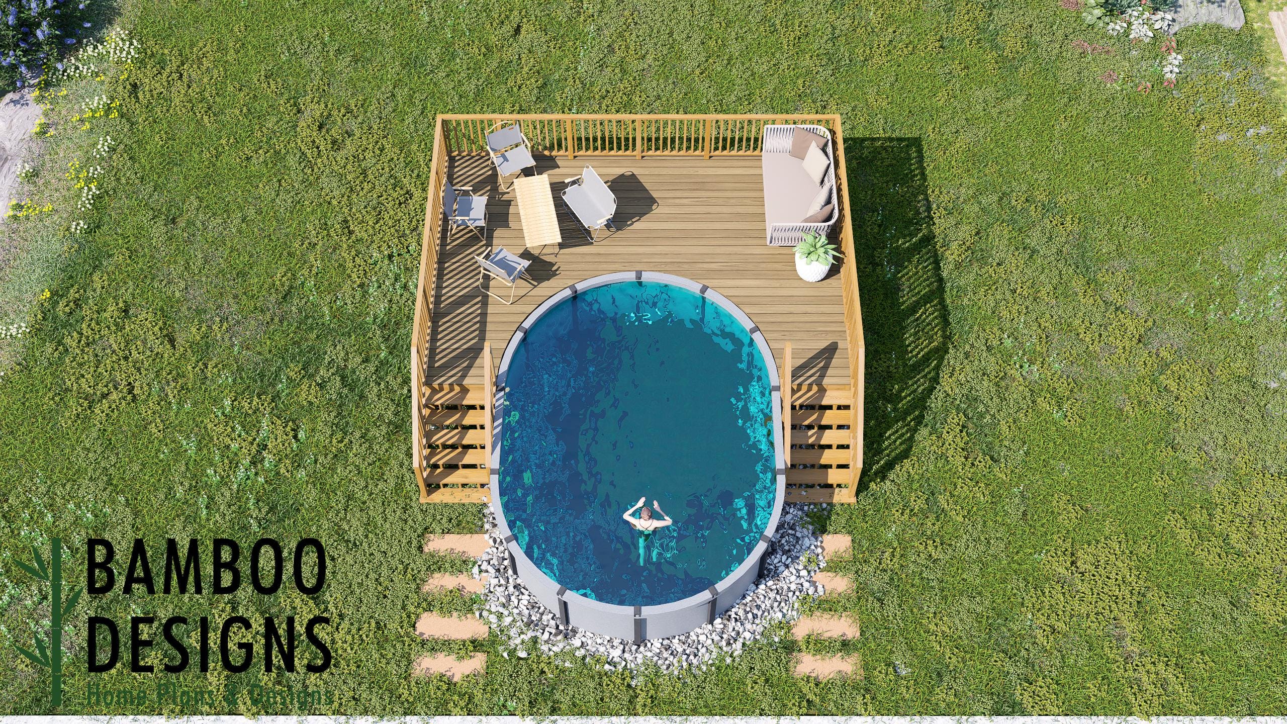 Image of Maxim Oval Pool Deck Plan - 16'x23' Above-Ground Pool Deck for 14'x20' Oval Pools with Staircase & Railings | DIY PDF Plans