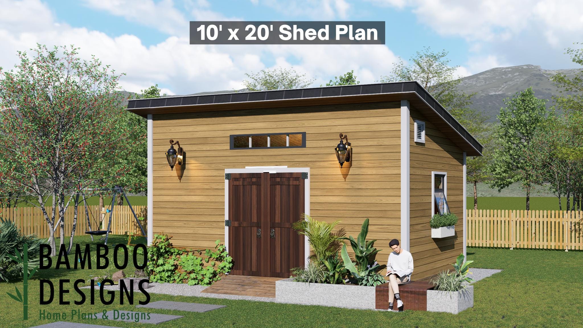 Image of Draco 10x20 Sloped Roof Shed Plan - Modern Lean-To Workshop, Studio, or Storage | DIY Backyard Building Plans (PDF)