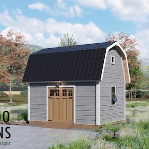 May include: A grey shed with a black roof and a light brown door. The shed has a small window and a light above the door. The text "BAMBOO DESIGNS Home Plans & Designs" is visible. The shed is surrounded by grass and trees in a rural setting.