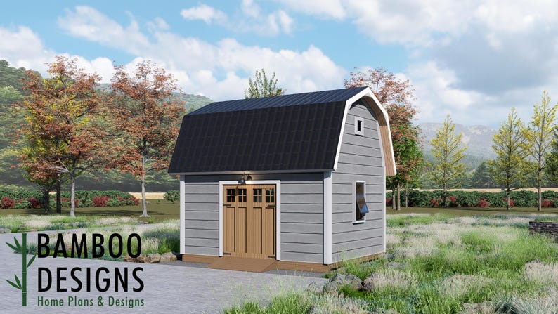 May include: A grey shed with a black roof and a light brown door. The shed has a small window and a light above the door. The text "BAMBOO DESIGNS Home Plans & Designs" is visible. The shed is surrounded by grass and trees in a rural setting.