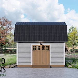 May include: A light grey shed with a black roof and wooden double doors. The shed has a small porch and a hanging light fixture. The image includes the text "BAMBOO DESIGNS Home Plans & Designs".