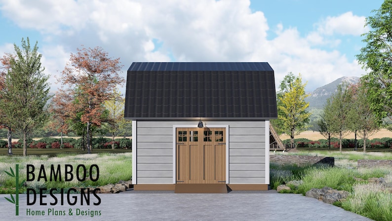 May include: A light grey shed with a black roof and wooden double doors. The shed has a small porch and a hanging light fixture. The image includes the text "BAMBOO DESIGNS Home Plans & Designs".