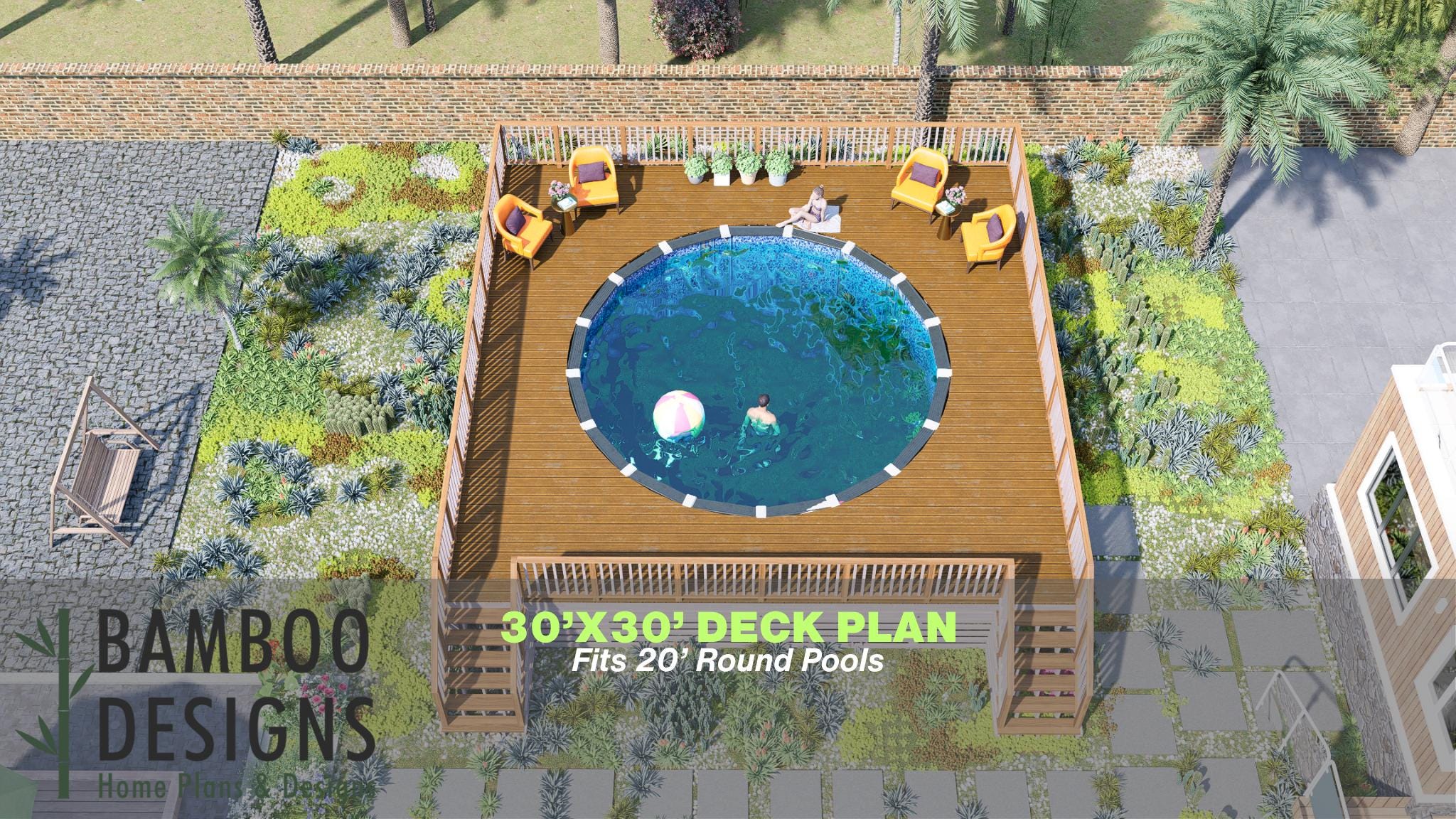 Image of Starkey Ranch Pool Deck Plan - 30x30 Large Round Above-Ground Pool Deck with Full Entertainment Layout | DIY PDF Plans
