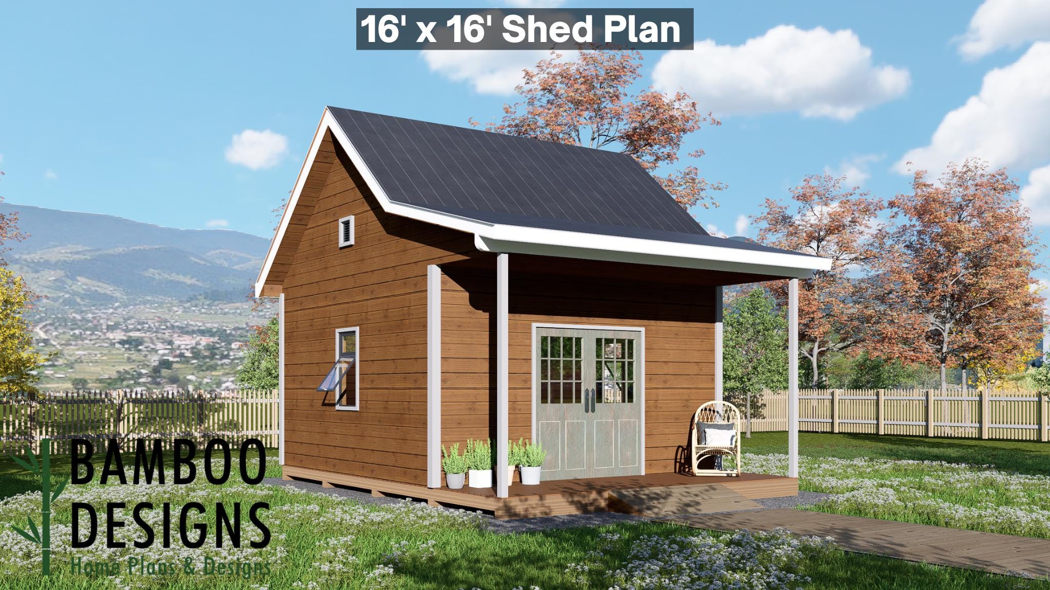 Image of Elara 16x16 Gable Shed Plan - A Classic Shed with a Cozy Covered Porch