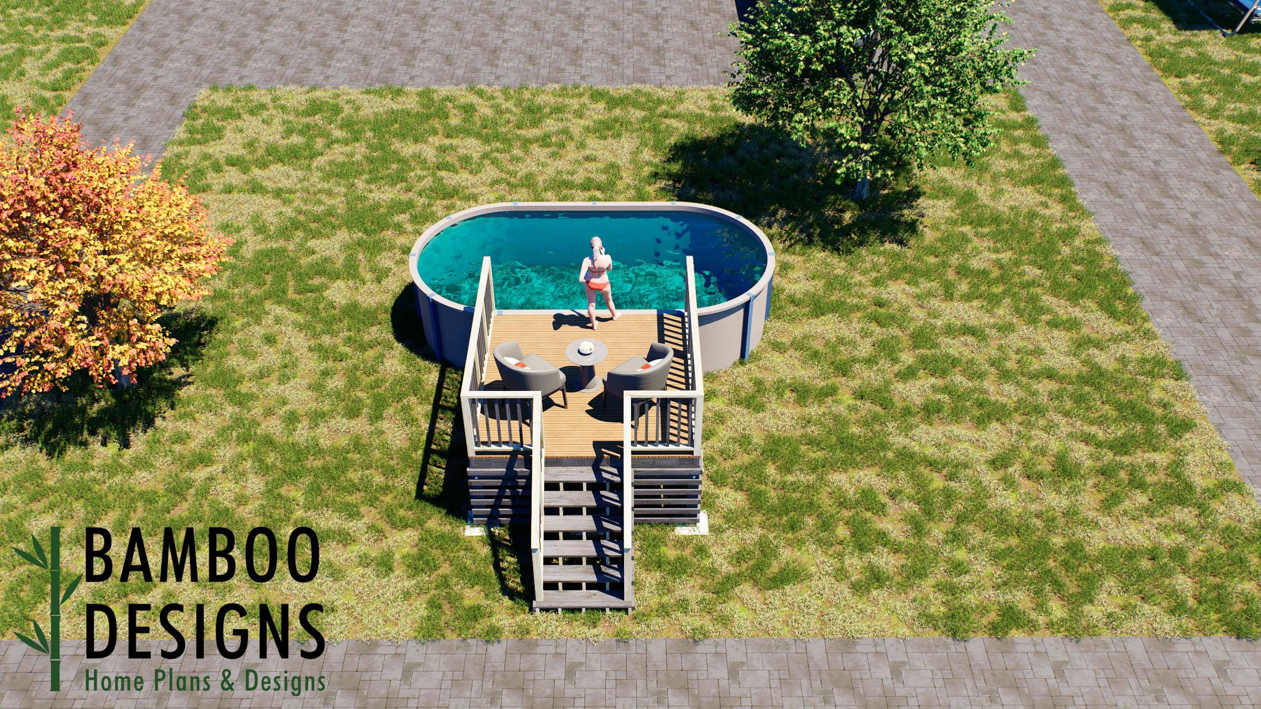 Image of Ibanez Oval Pool Deck Plan - 10' x 10' Above-Ground Pool Deck for 10' x 18' Oval Pools with Staircase | DIY PDF Plans
