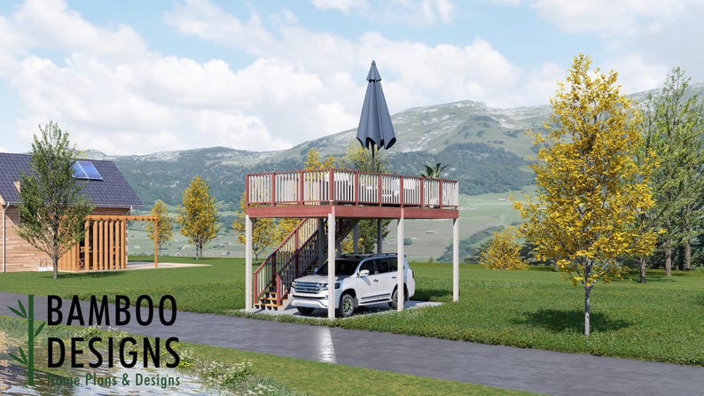 Bartomeu 12x24 Carport Plan with Deck Above — Covered Parking & Elevated Outdoor Living plan by Bamboo Designs
