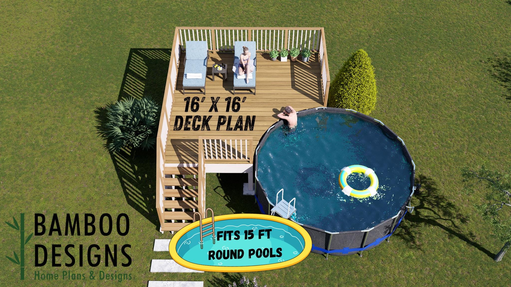 Image of Frida Circle Pool Deck Plan - 16x16 Pool Deck for 15' Round Pools | DIY PDF Plans