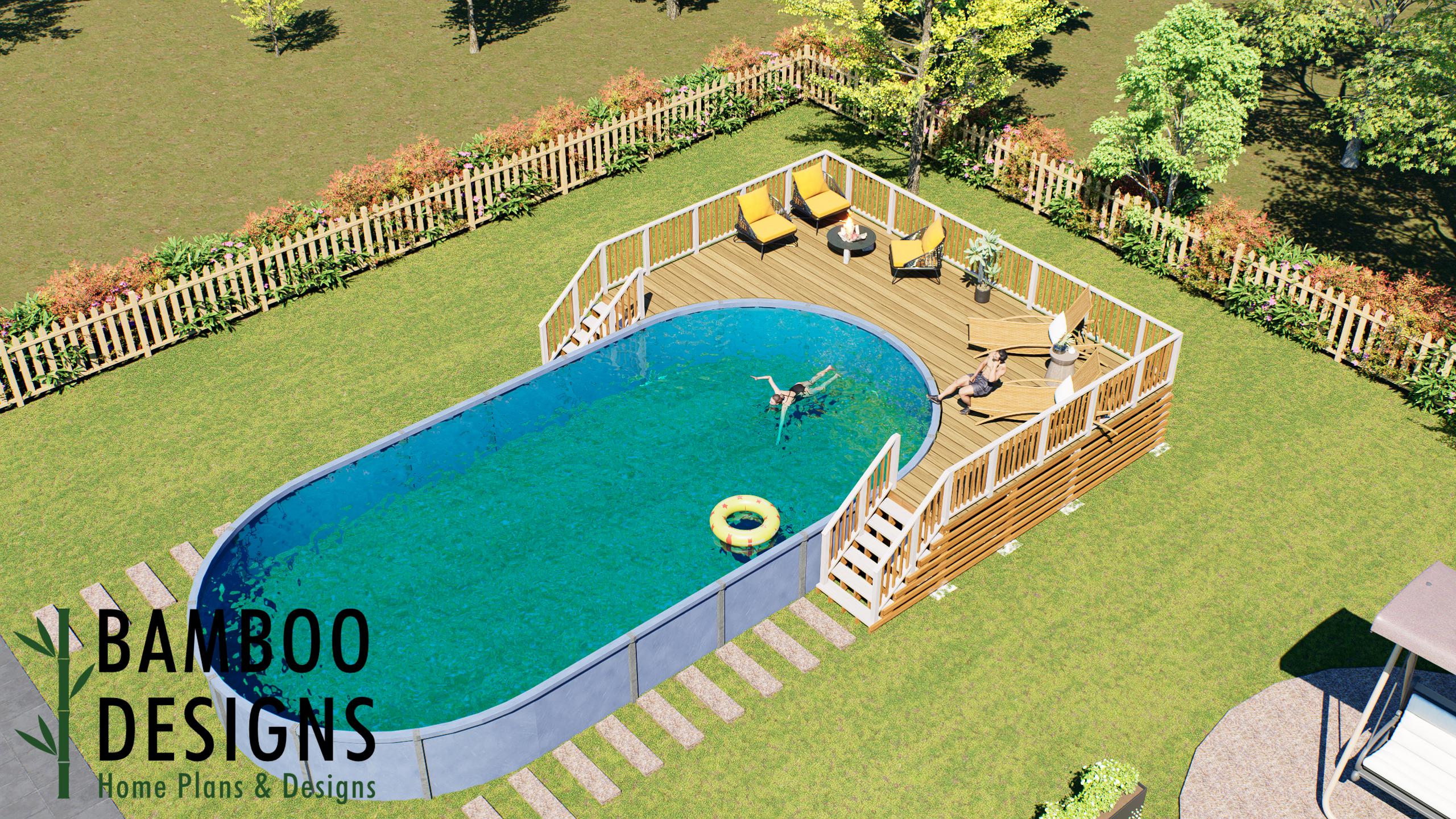 Image of Tiono Oval Pool Deck Plan - 19'x29' Above-Ground Pool Deck with Spacious Entertainment Area & Staircase | DIY PDF Plans for 21'x43' Oval Pools
