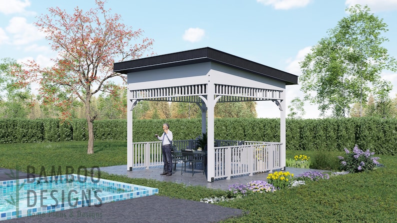 Malaga 14x14 Sloped Roof Gazebo plan by Bamboo Designs
