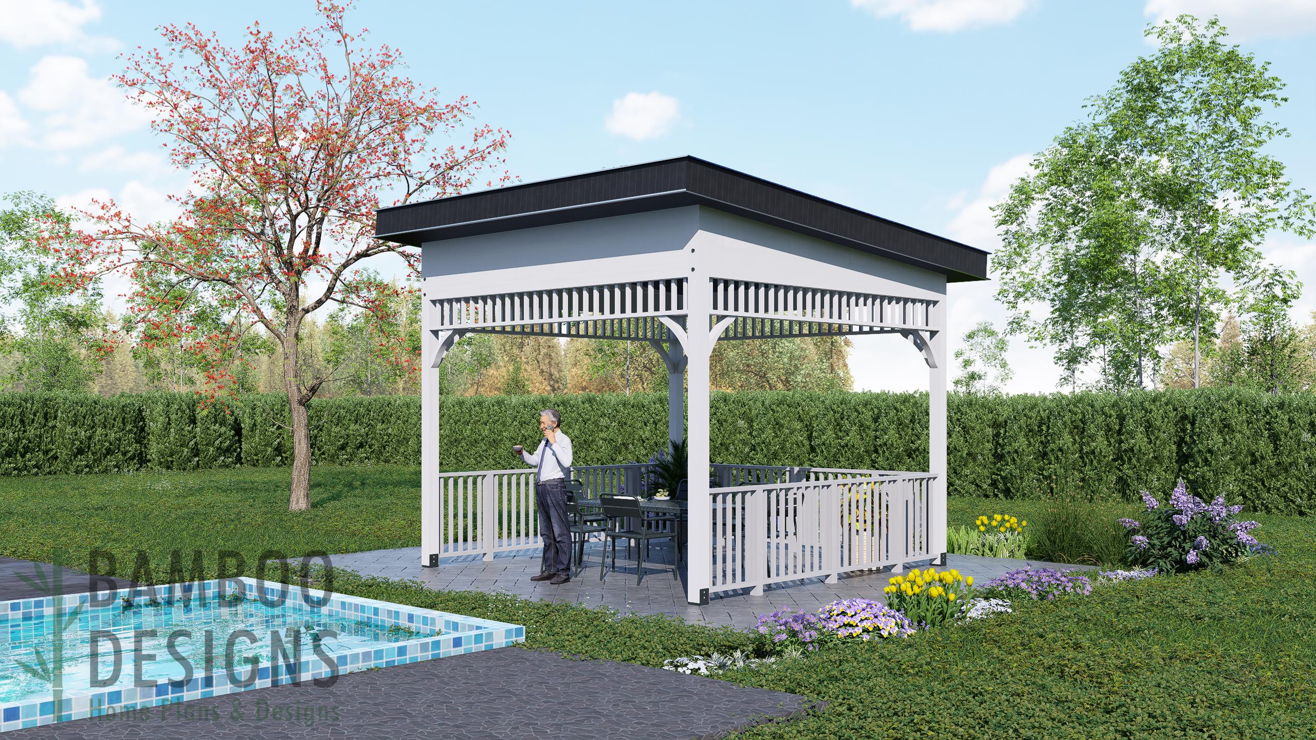 Image of Malaga 14x14 Sloped Roof Gazebo Plan - Modern Covered Patio Pavilion | DIY Outdoor Shelter PDF